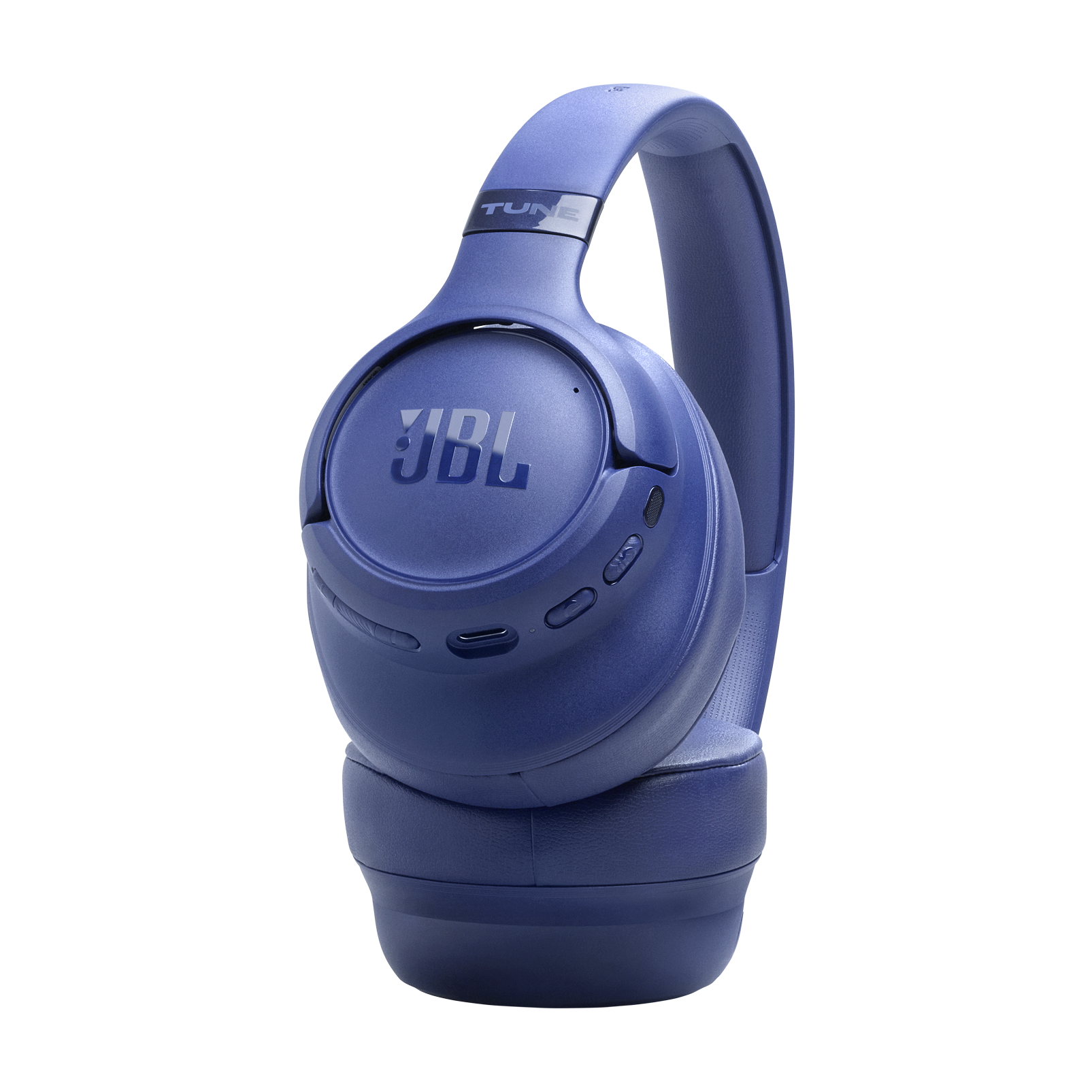 Niebieskie słuchawki JBL z napisem TUNE, na czarnym tle.