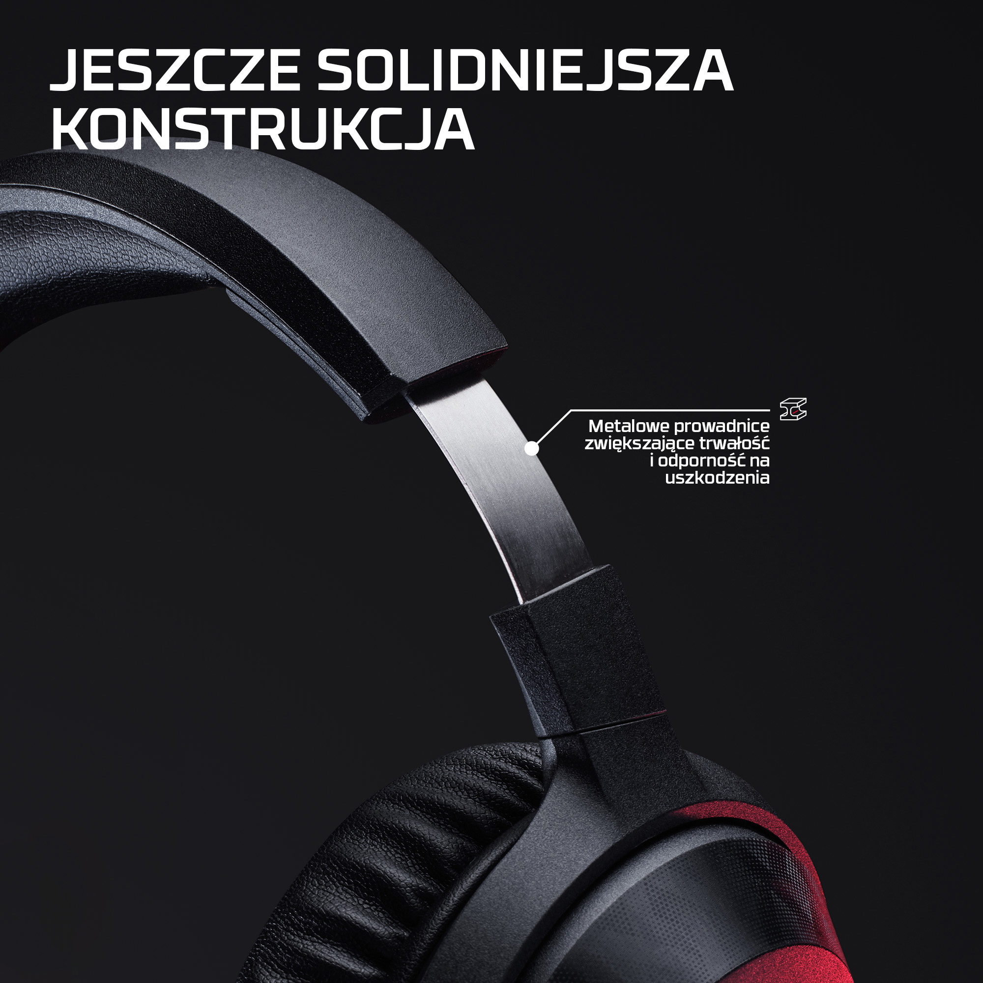 Zbliżenie czarnych słuchawek z metalową opaską zwiększającą trwałość.