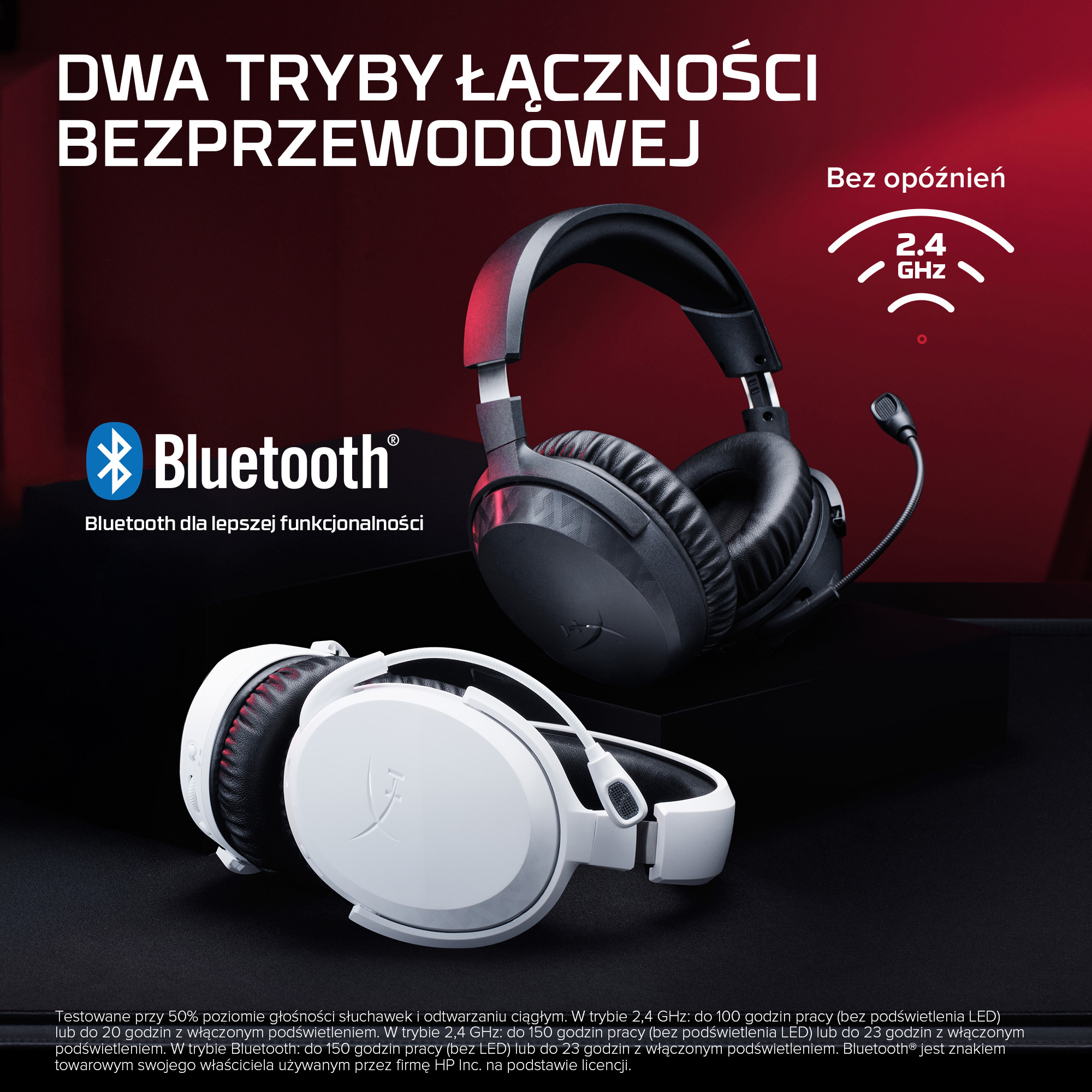 Dwa czarno-białe słuchawki bezprzewodowe z mikrofonem, Bluetooth i 2,4 GHz.