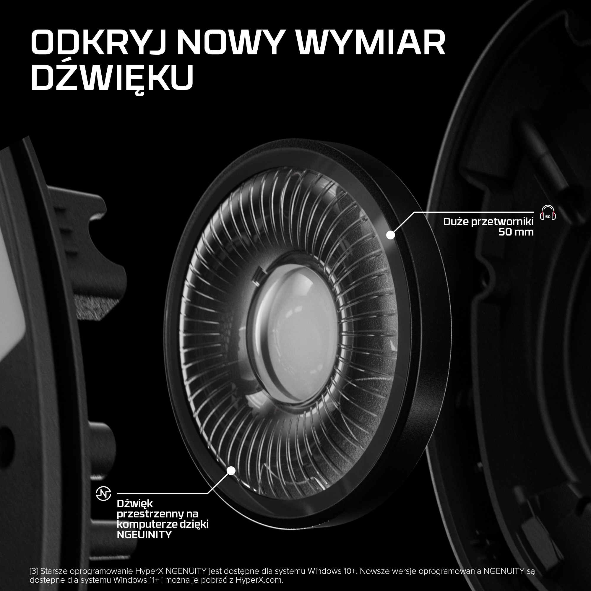 Zbliżenie przetwornika słuchawek, z tekstem o przetwornikach 50 mm i NGENUITY.