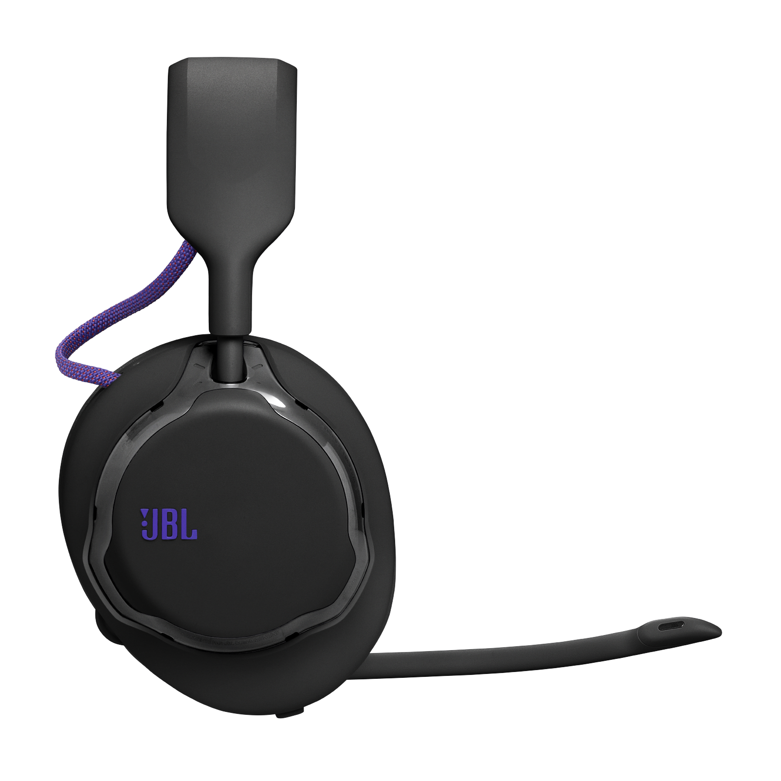 Czarne słuchawki z fioletowym logo JBL i plecionym kablem.