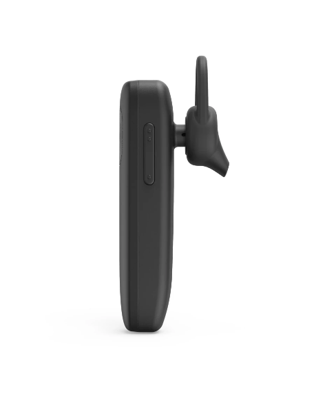 Czarny zestaw słuchawkowy Bluetooth z pałąkiem na ucho, na białym tle.