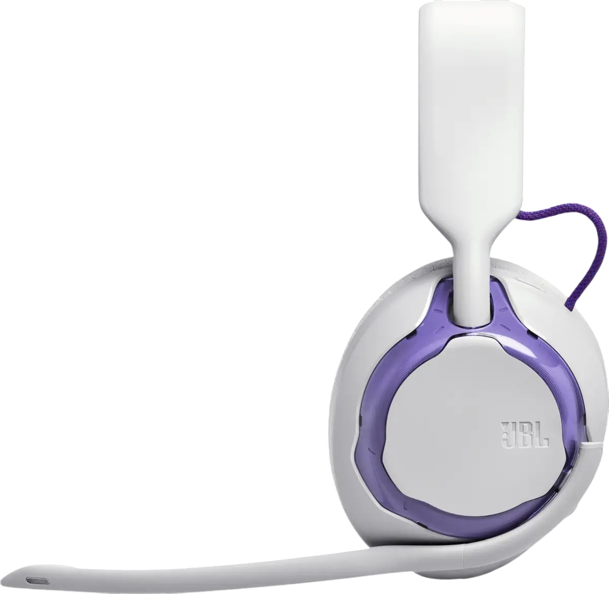 Białe słuchawki z fioletowymi akcentami i mikrofonem, logo JBL.