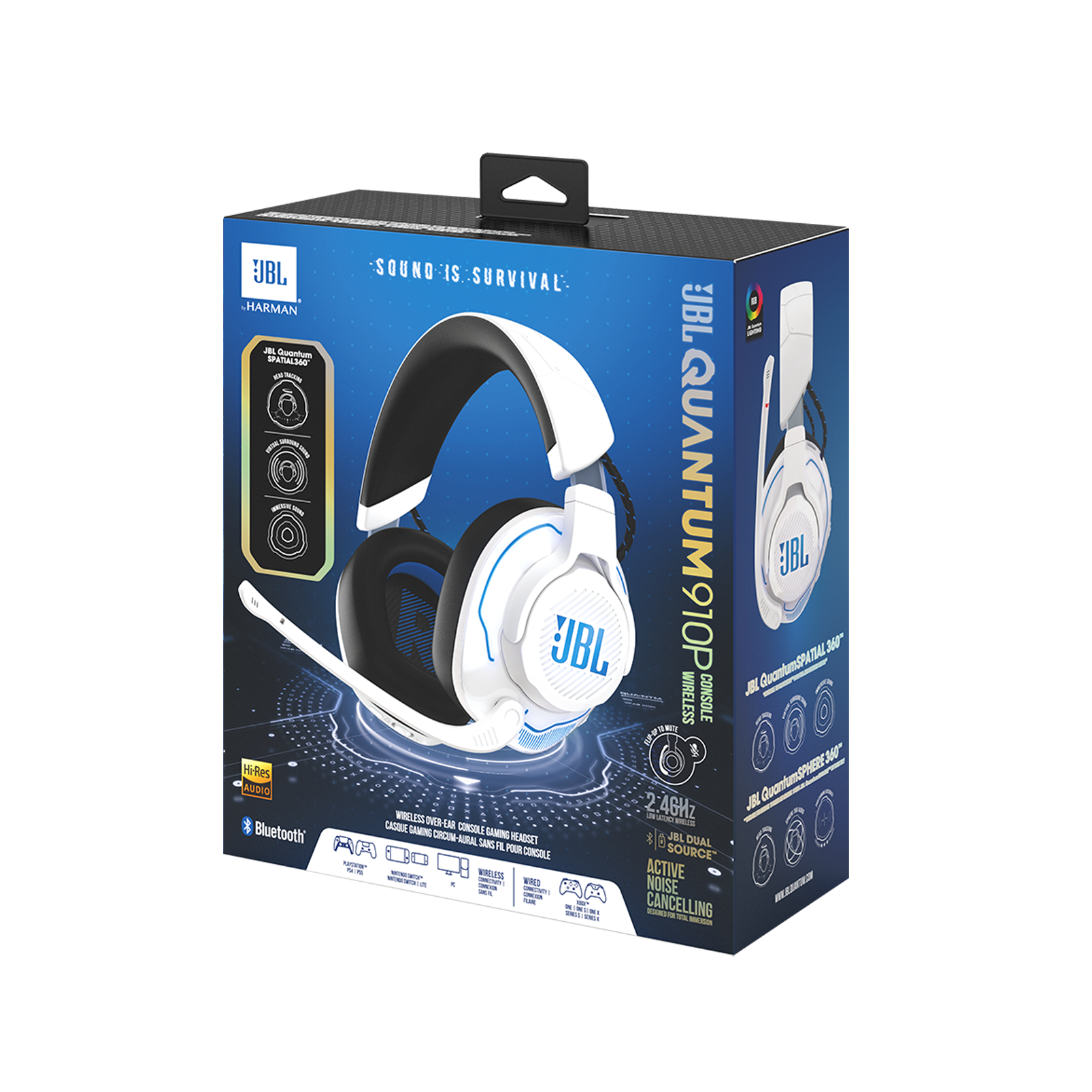 Pudełko na biało-niebieskie słuchawki gamingowe JBL Quantum 910P z mikrofonem.