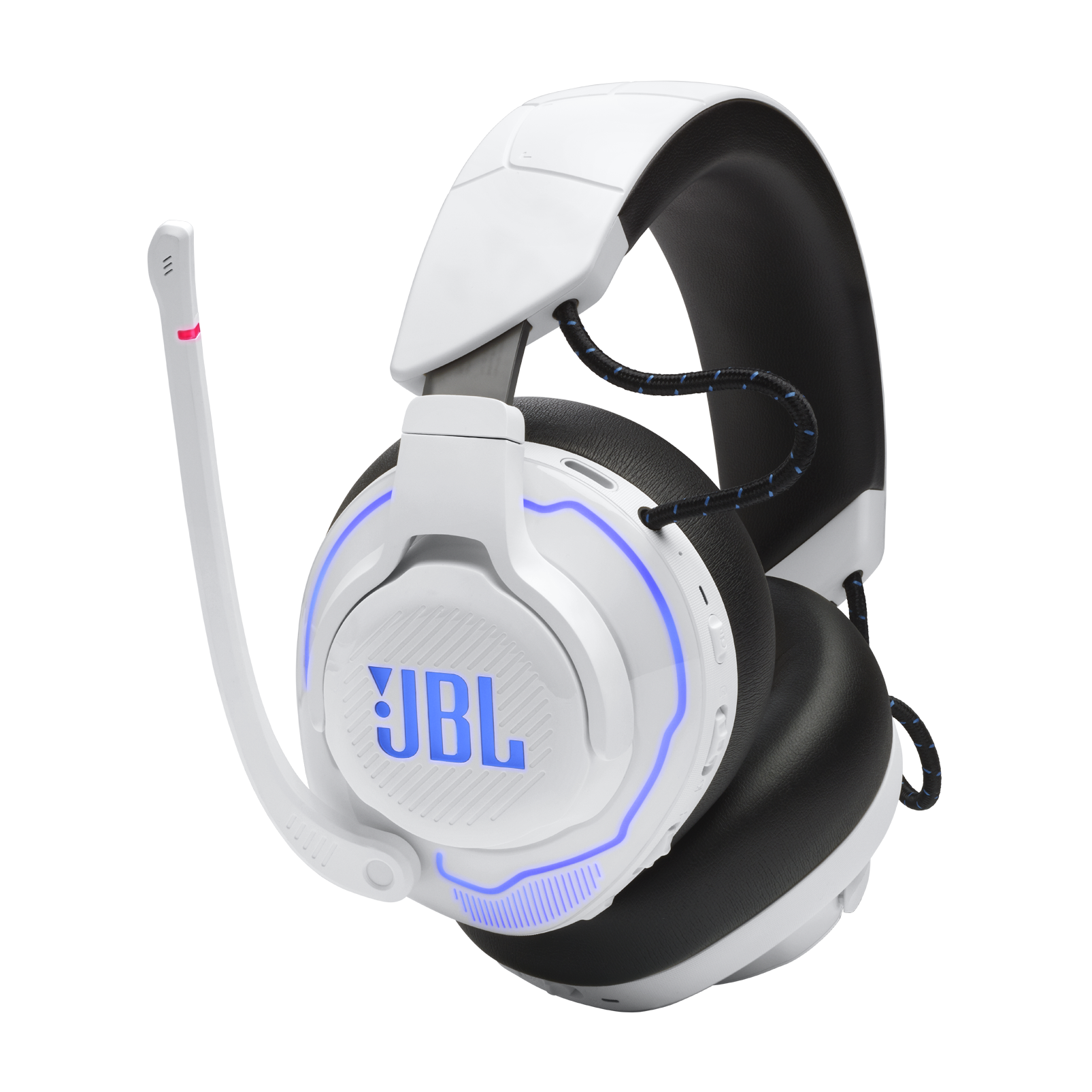 Białe słuchawki gamingowe z niebieskim logo JBL i podświetleniem LED.