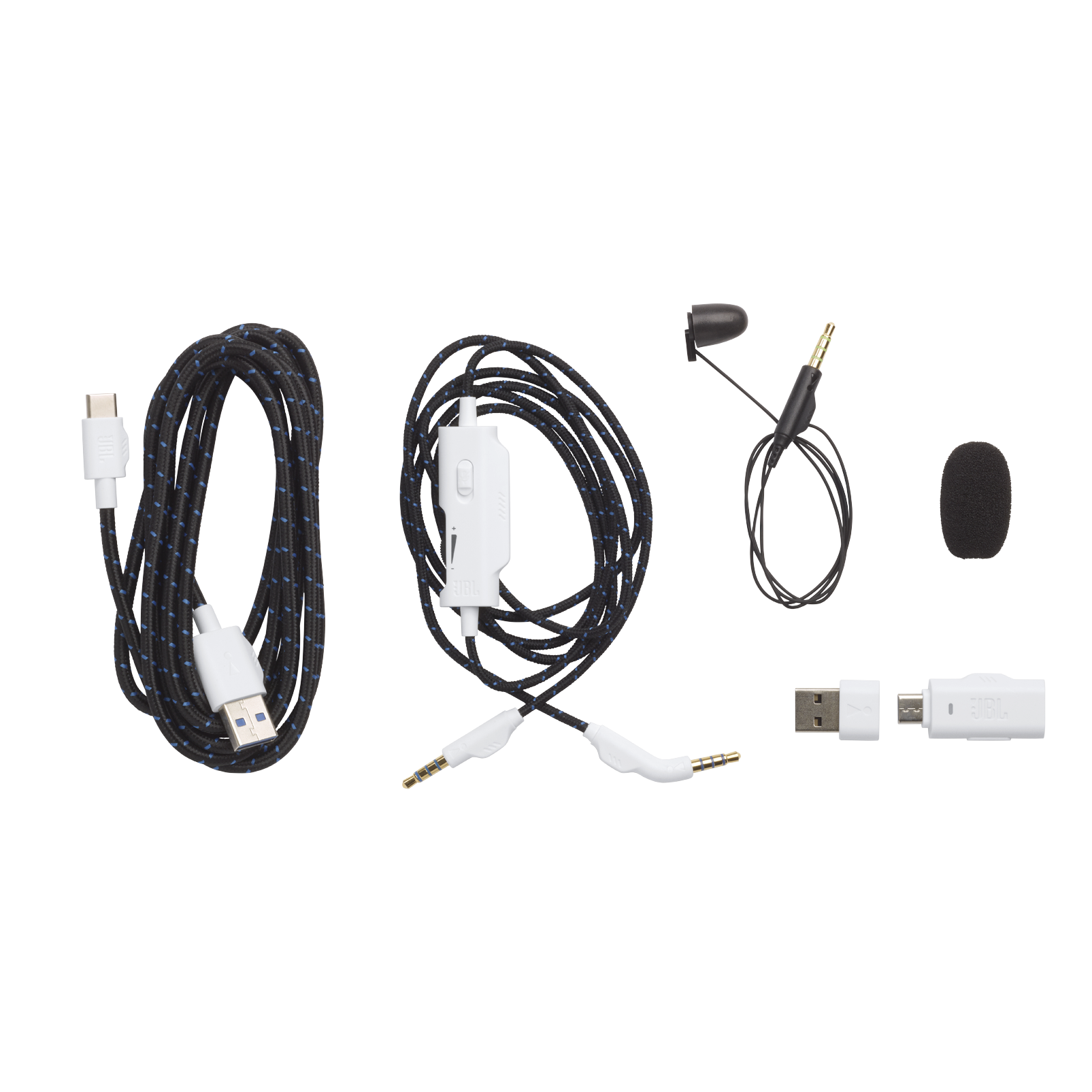 Czarny kabel z niebieskimi kropkami, USB-C, USB-A, słuchawka, mikrofon i adapter.