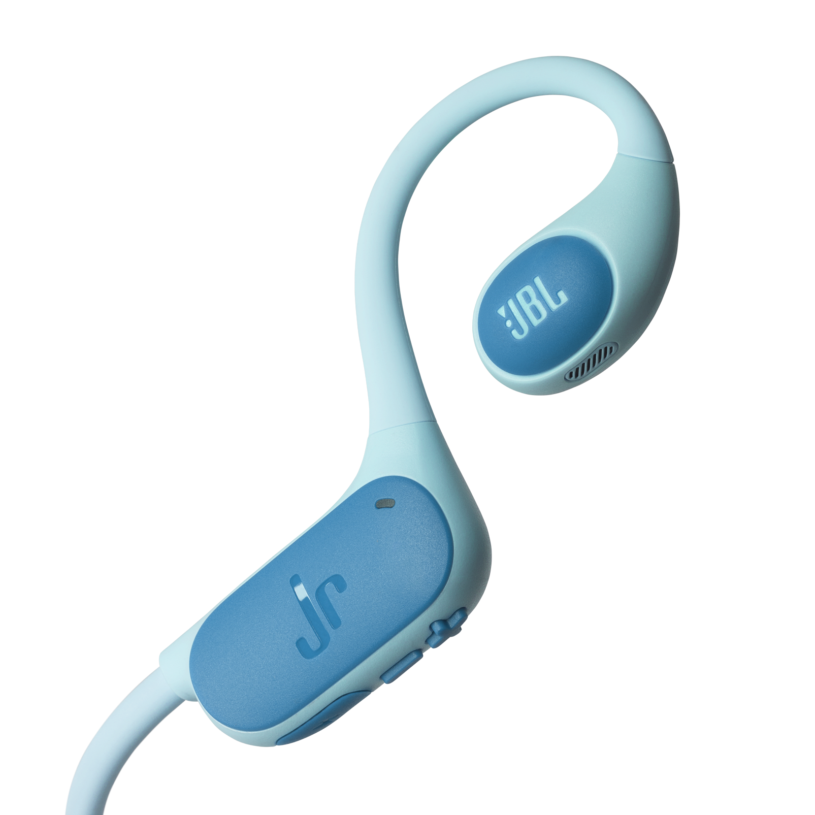 Jasnoniebieskie słuchawki JBL z niebieskim logo 'Jr' i marką JBL.