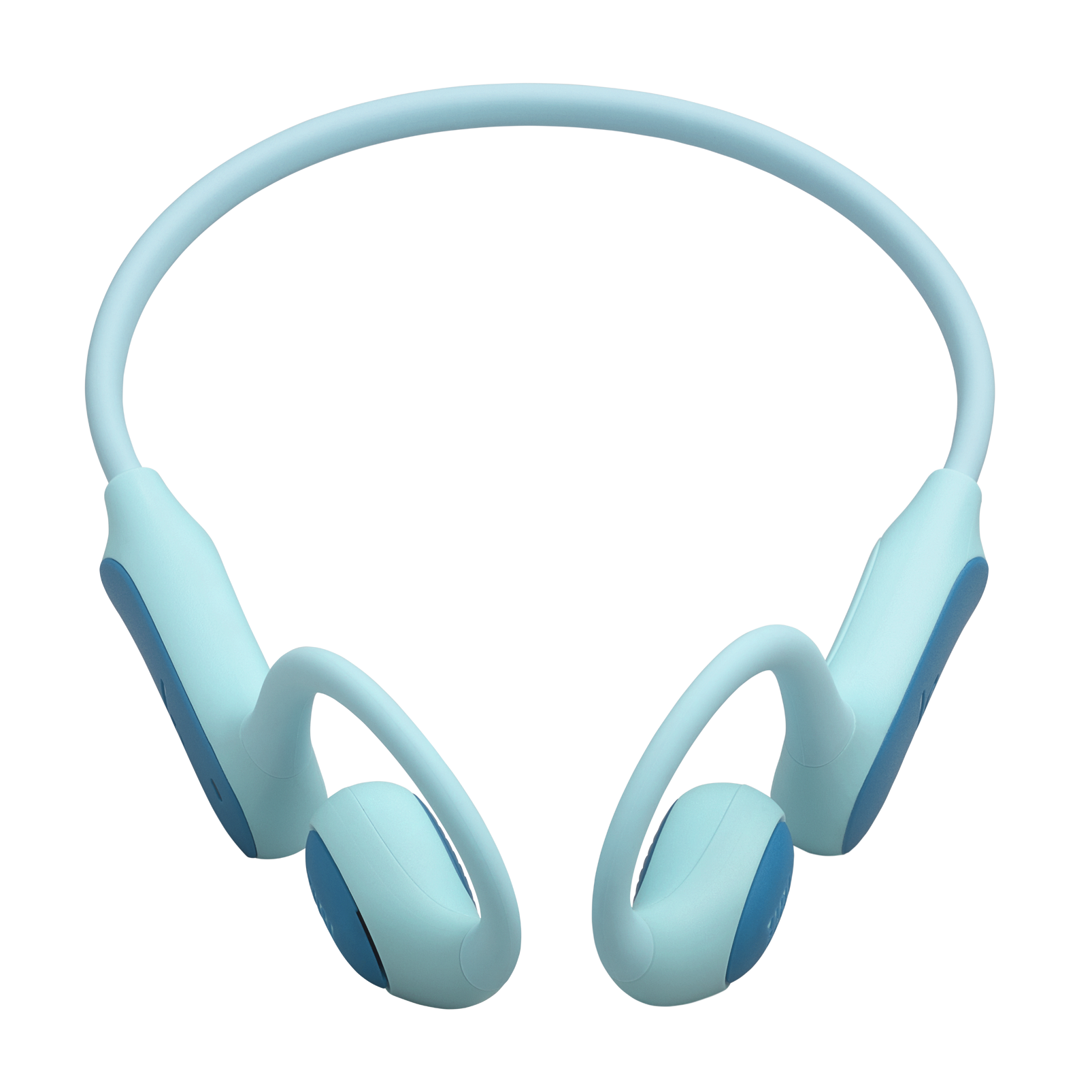 Jasnoniebieskie słuchawki z niebieskim akcentem, na białym tle.