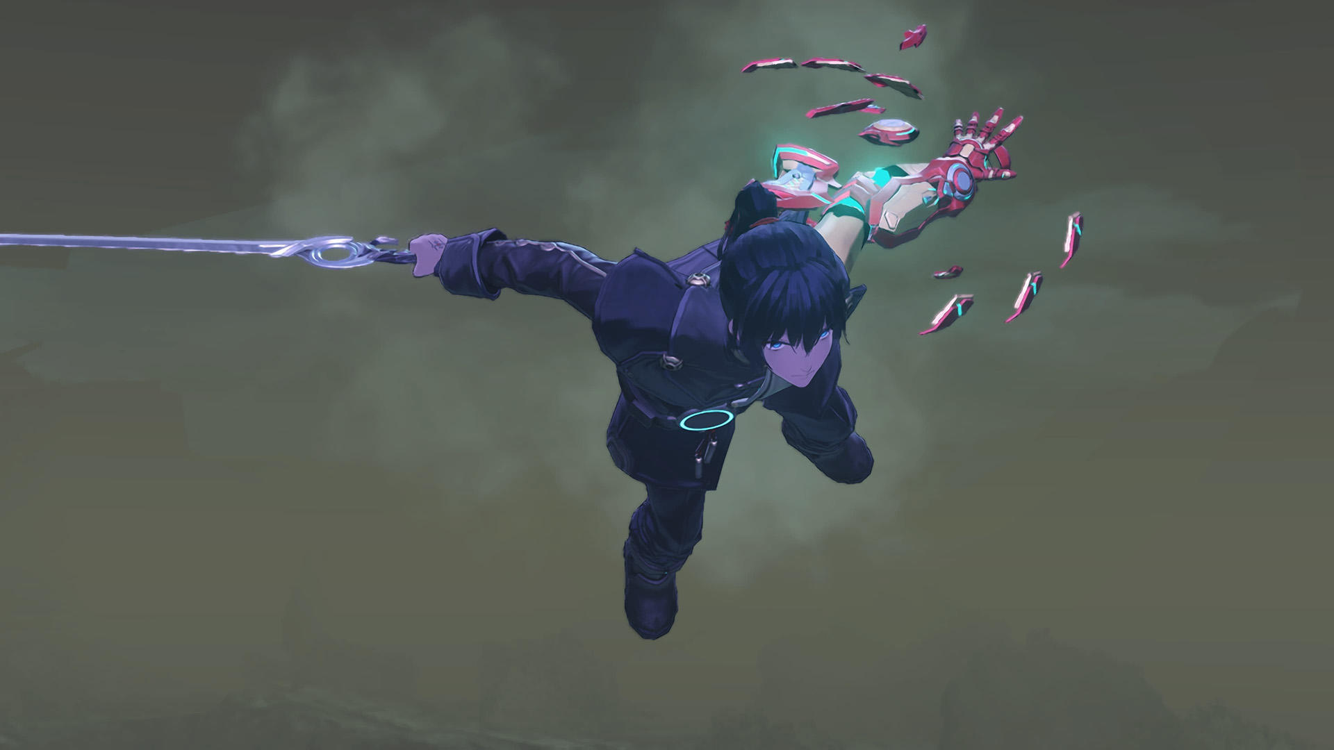 Ein Anime-Charakter mit blauem Haar schwingt ein Schwert und trägt eine mechanische Armprothese.