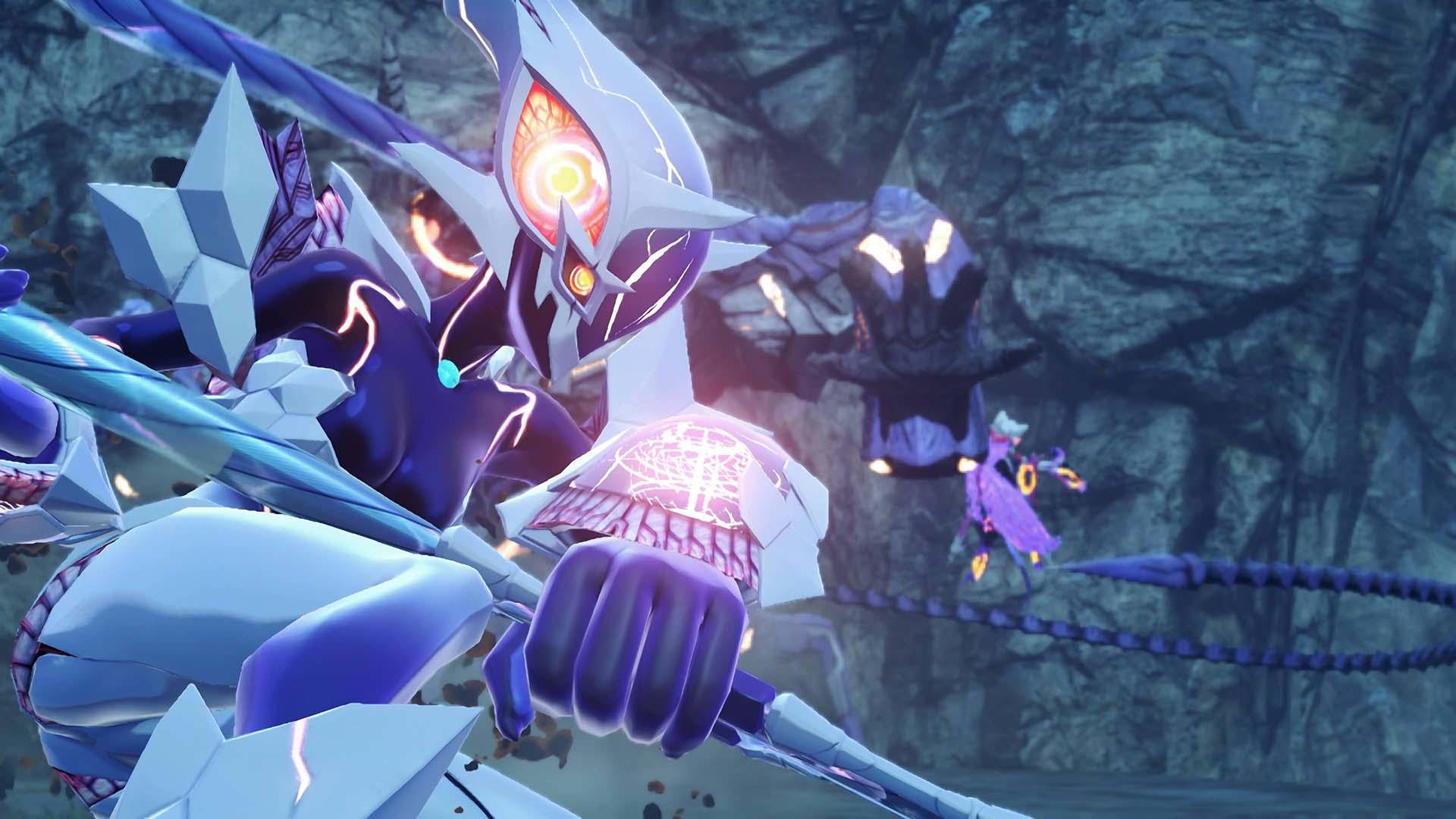 Ein futuristischer blauer und weißer Mech mit einem leuchtenden Auge in einer Höhle.