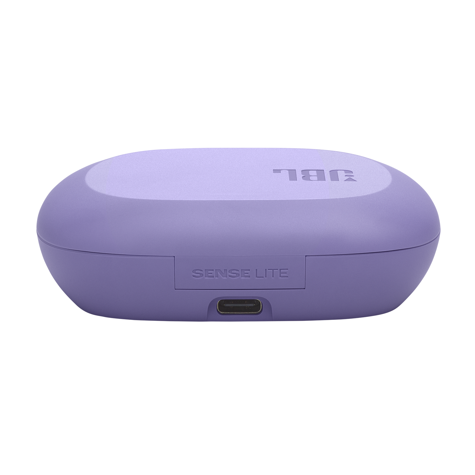 Fioletowe etui ładujące JBL z portem USB-C i napisem "SENSE LITE".