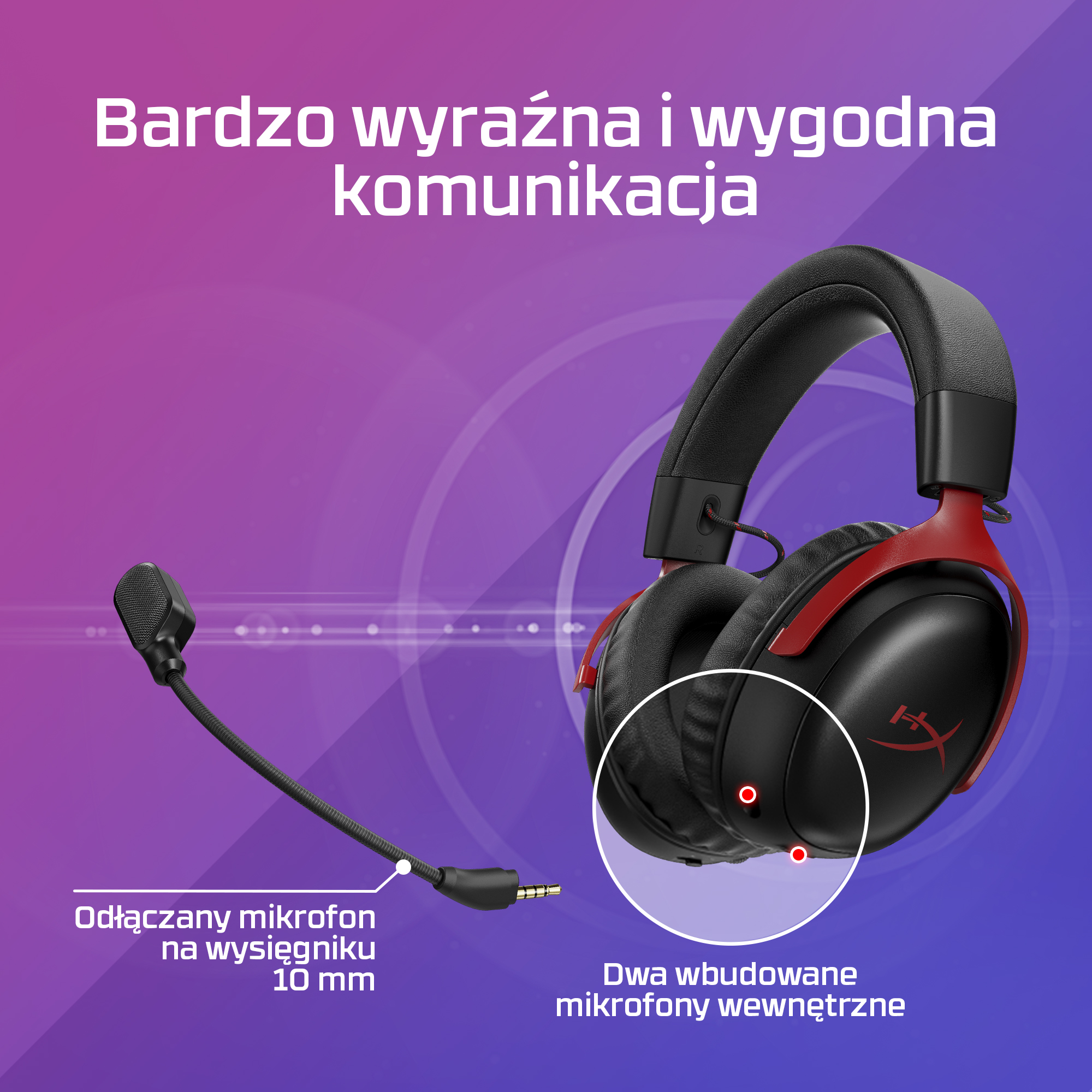 Czarny zestaw słuchawkowy z czerwonymi akcentami i mikrofonem, na tle gradientu.