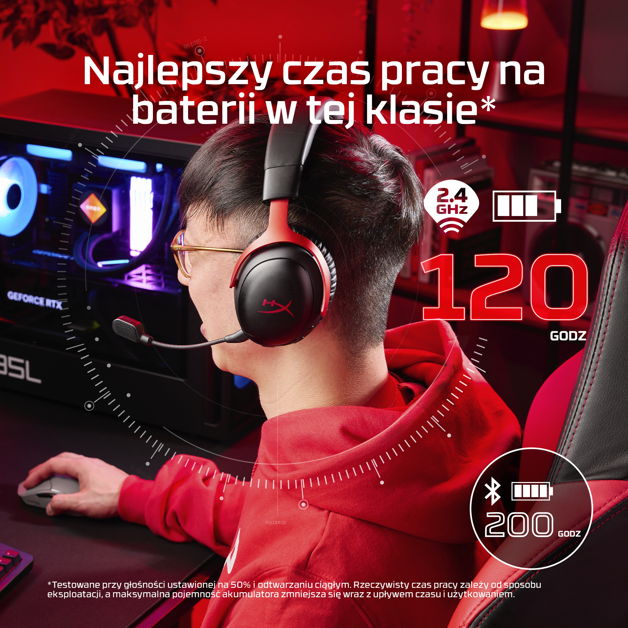 Gracz w słuchawkach z mikrofonem siedzi przed komputerem z podświetleniem RGB.