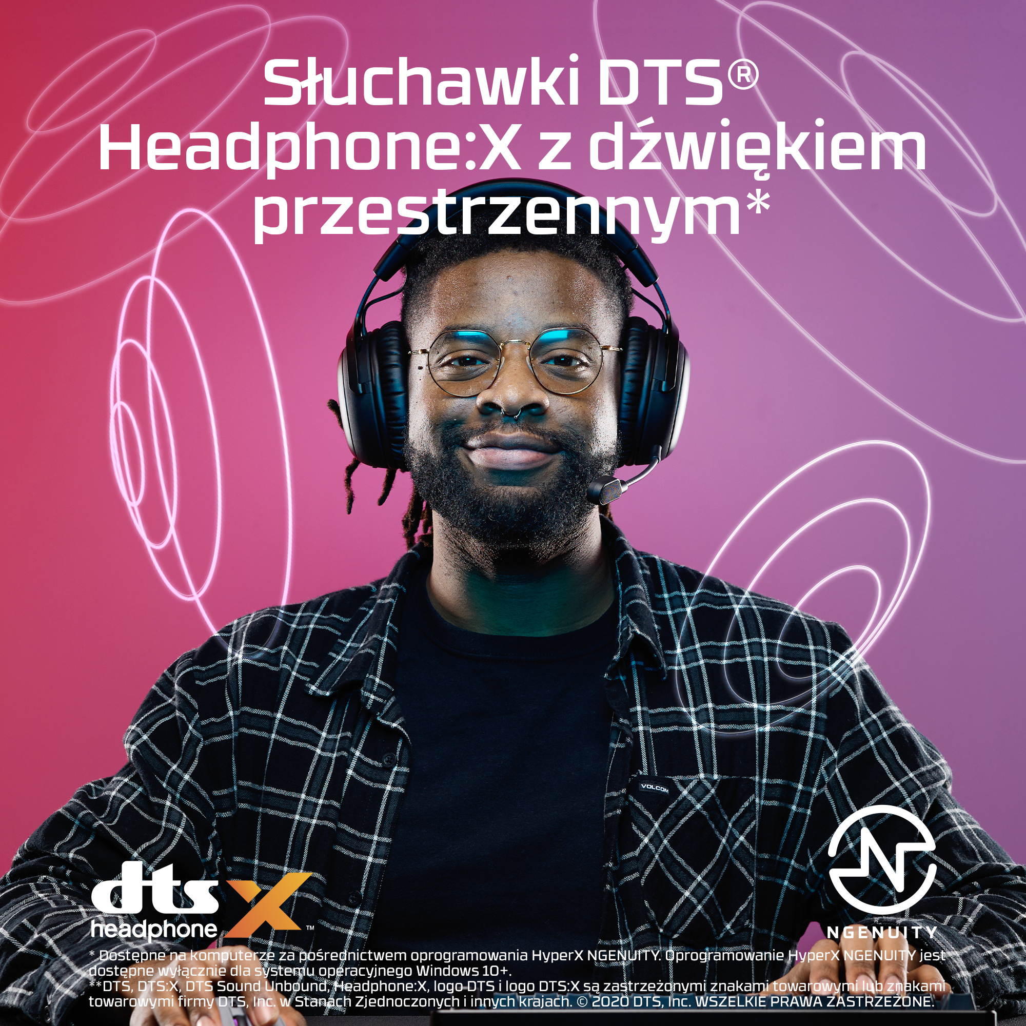 Mężczyzna w słuchawkach i okularach na różowo-fioletowym tle z neonowymi liniami.