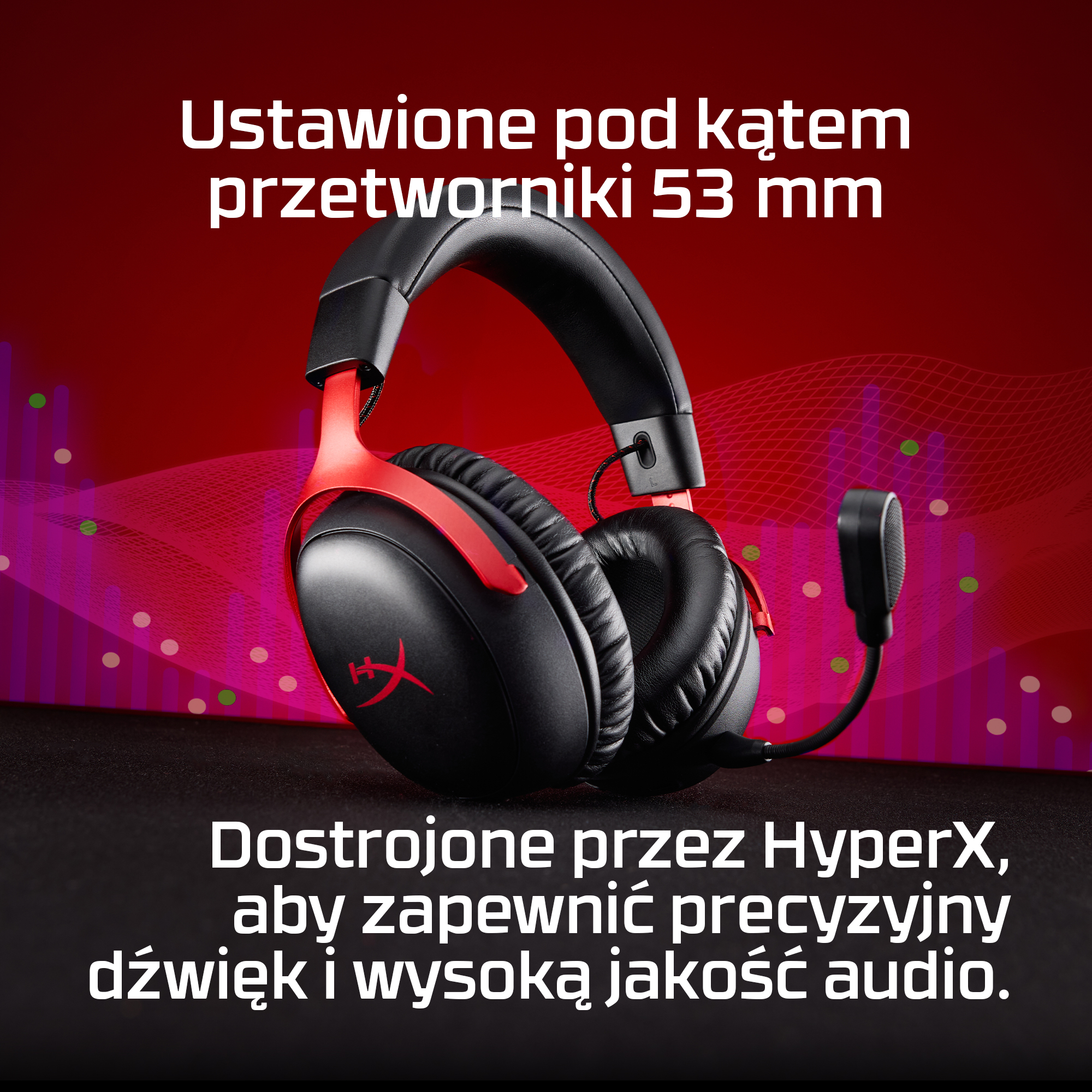 Czarne i czerwone słuchawki z mikrofonem na czerwonym tle z wykresami.