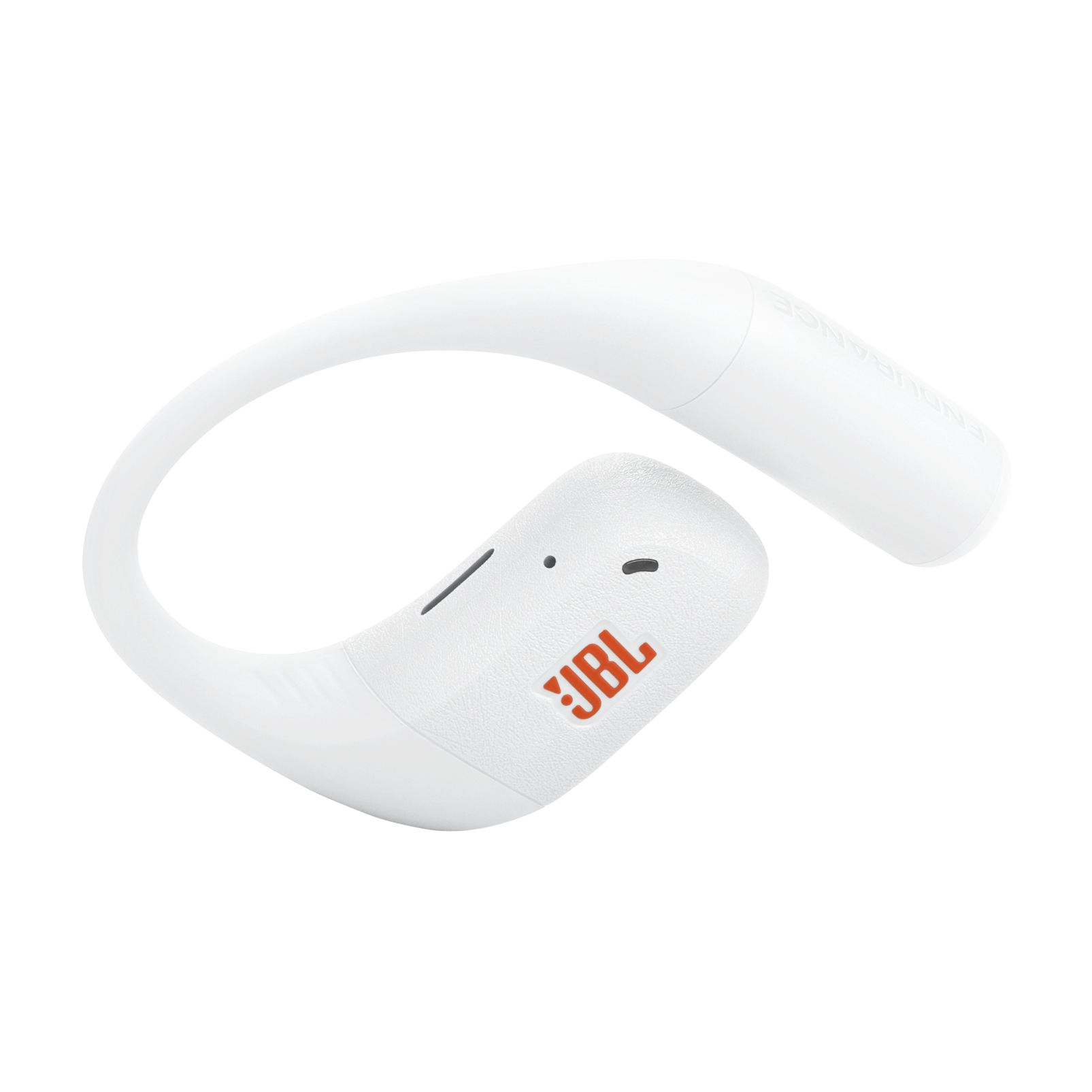 Biała słuchawka JBL z zaczepem na ucho i logo JBL.