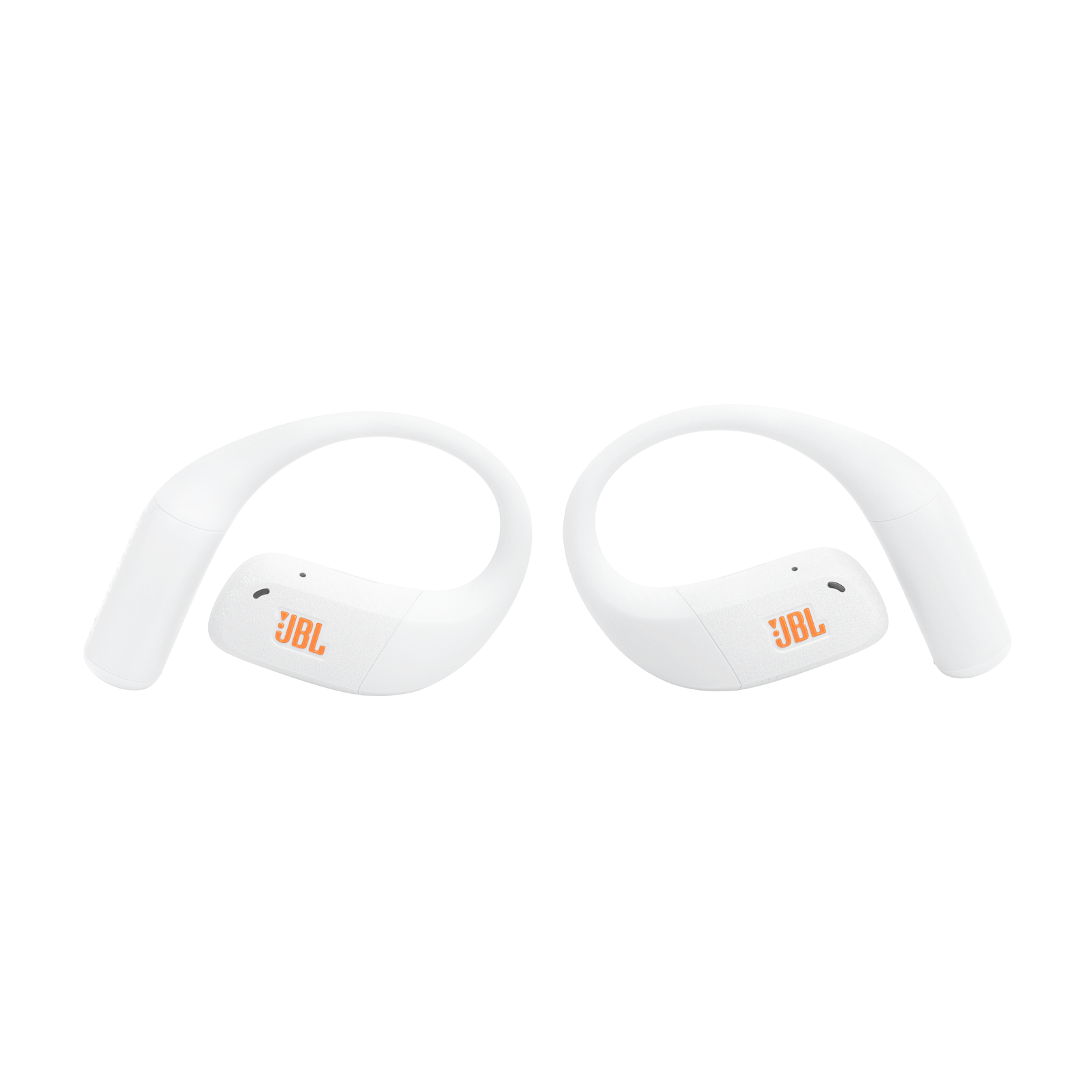 Dwa białe słuchawki JBL z pomarańczowym logo, na białym tle.