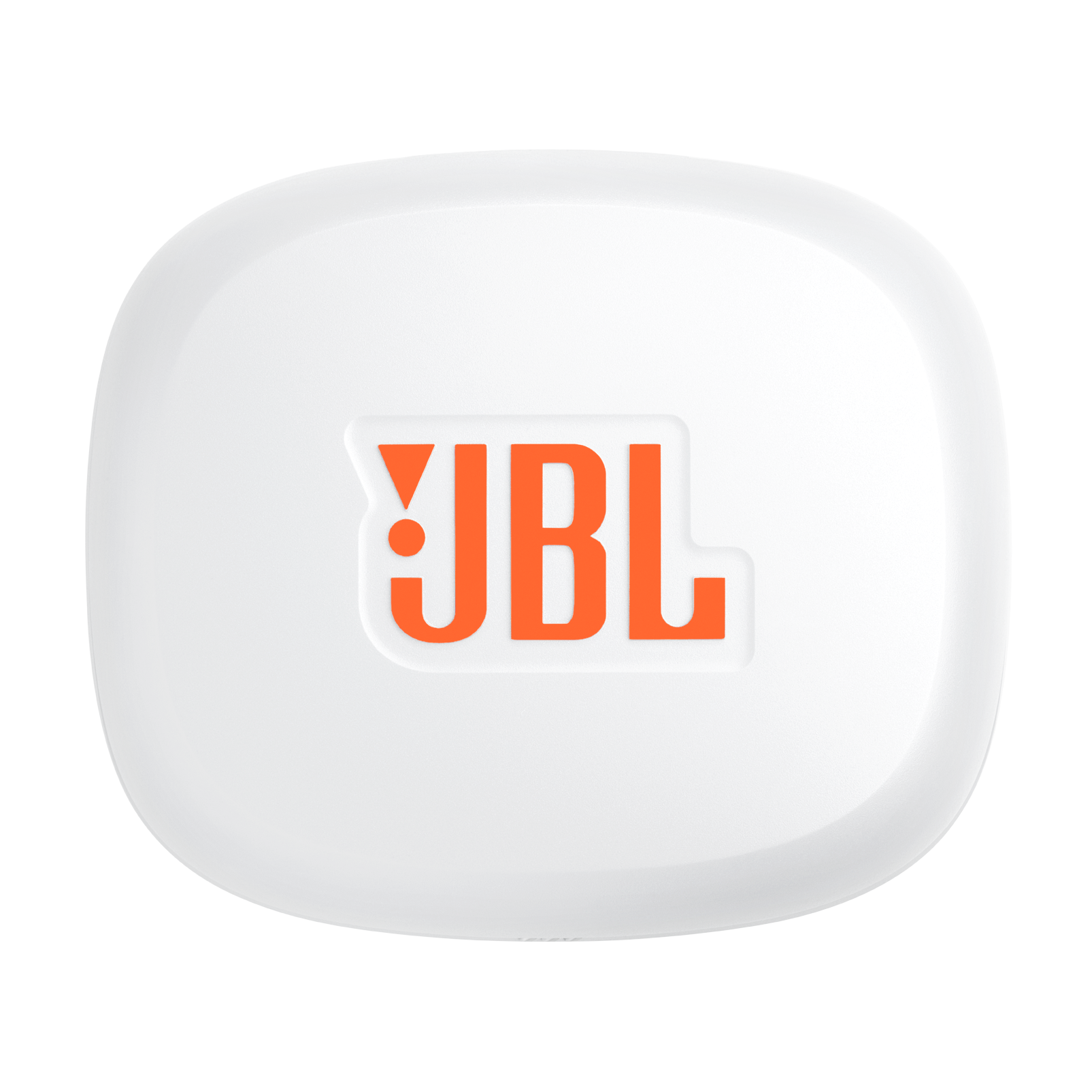 Białe etui ładujące z pomarańczowym logo JBL.