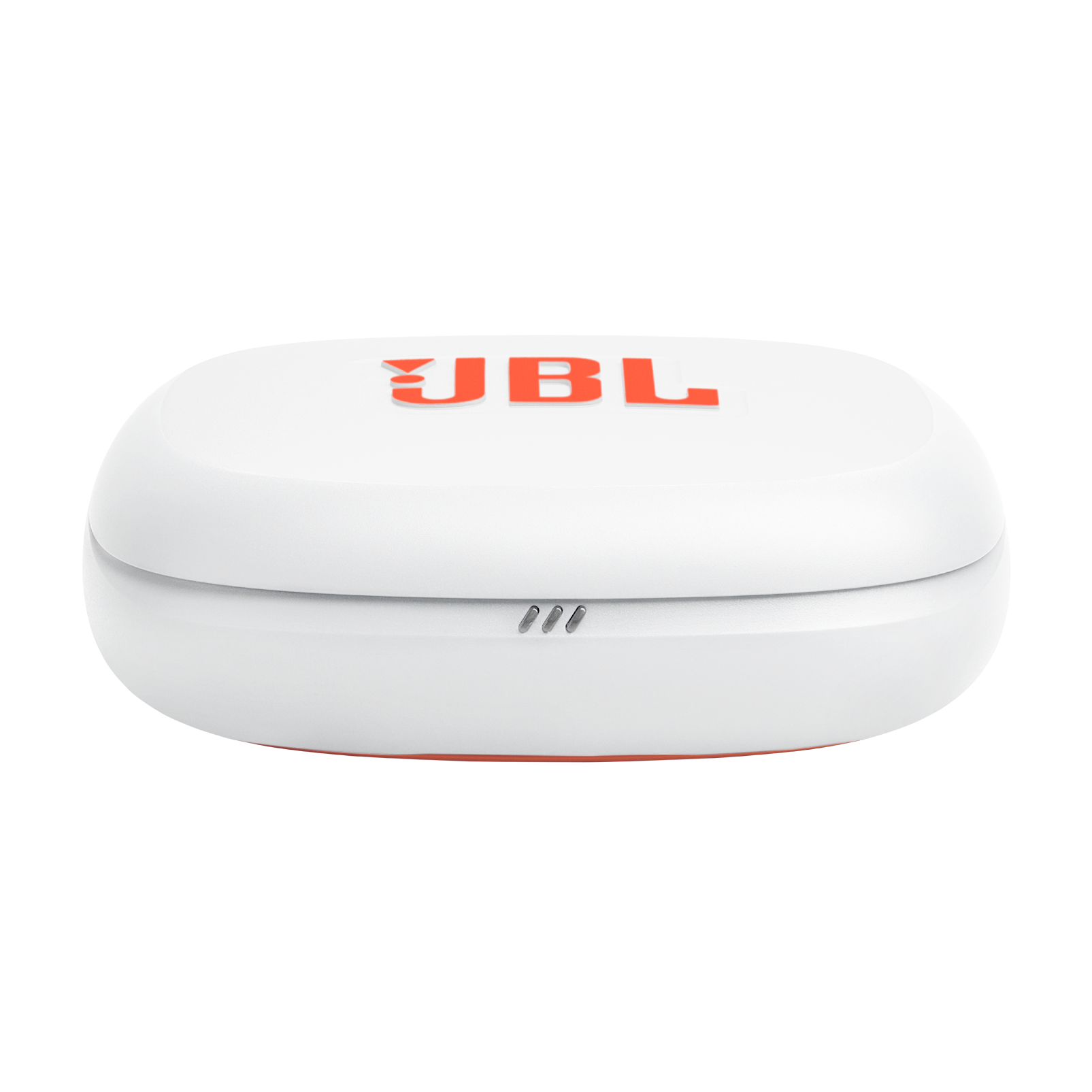 Białe etui ładujące do słuchawek z czerwonym logo JBL i wskaźnikami.