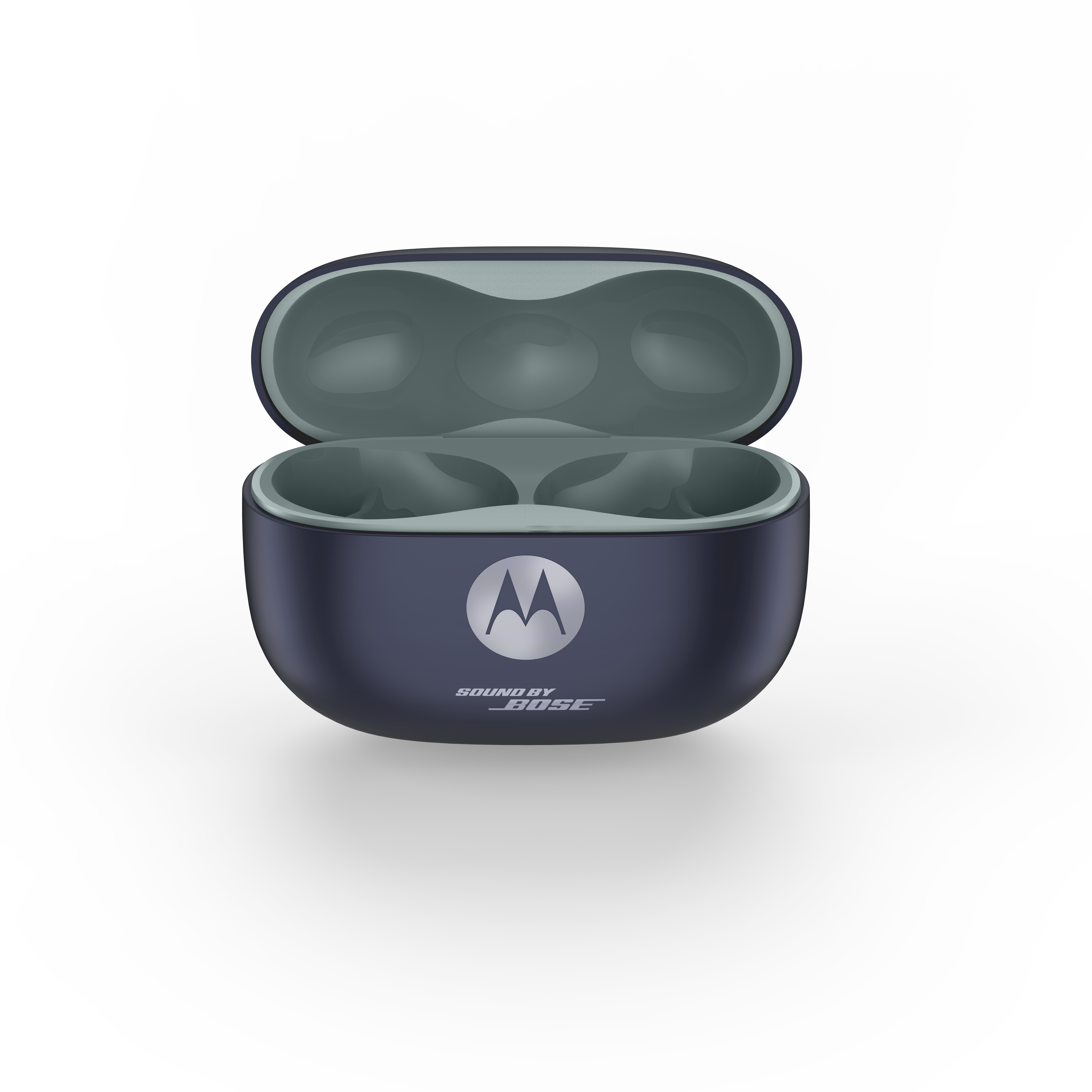 Otwarta, ciemnoniebieska ładowarka do słuchawek z logo Motorola i Bose.