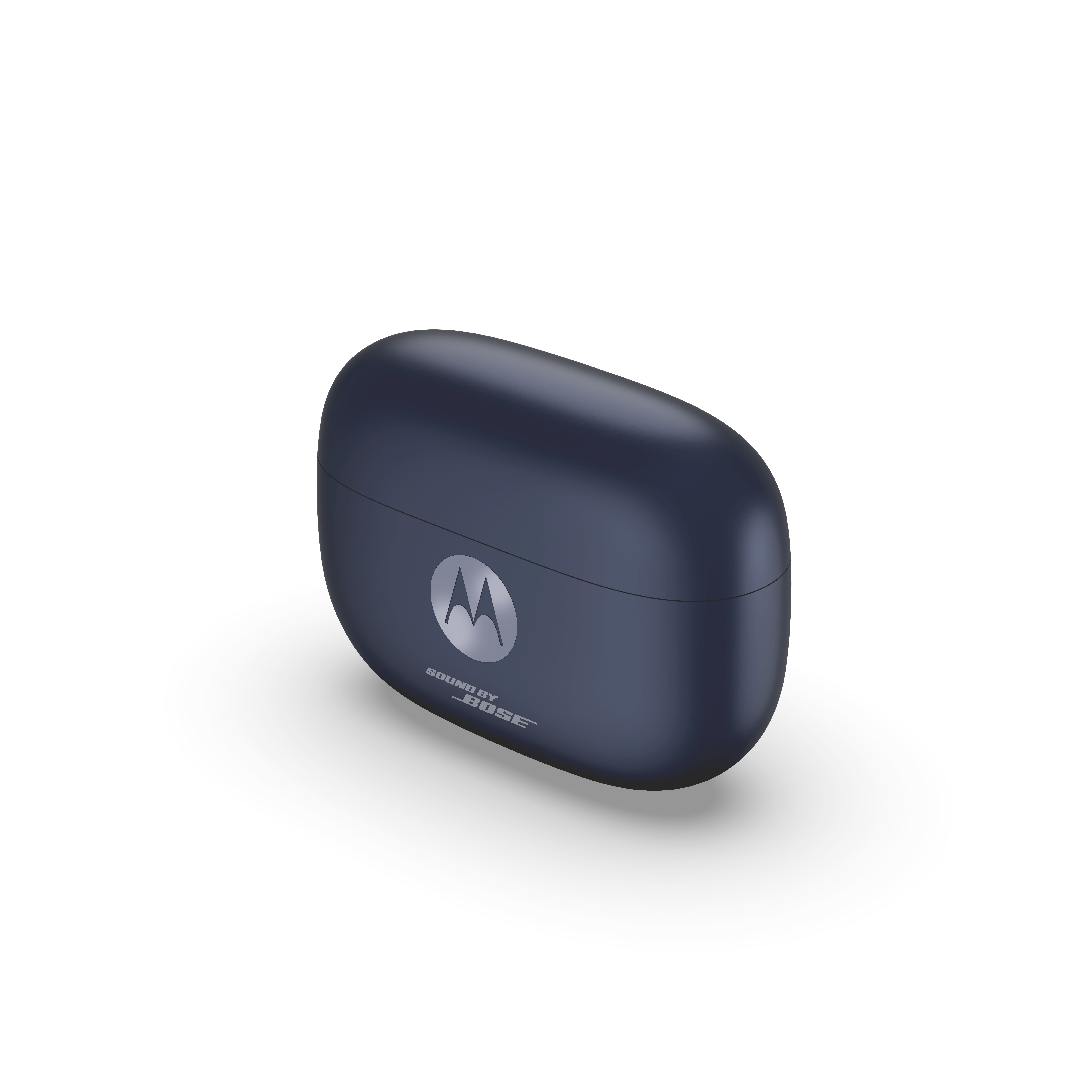 Ciemnoniebieskie etui na sluchawki Motorola z logo Bose na czarnym tle.