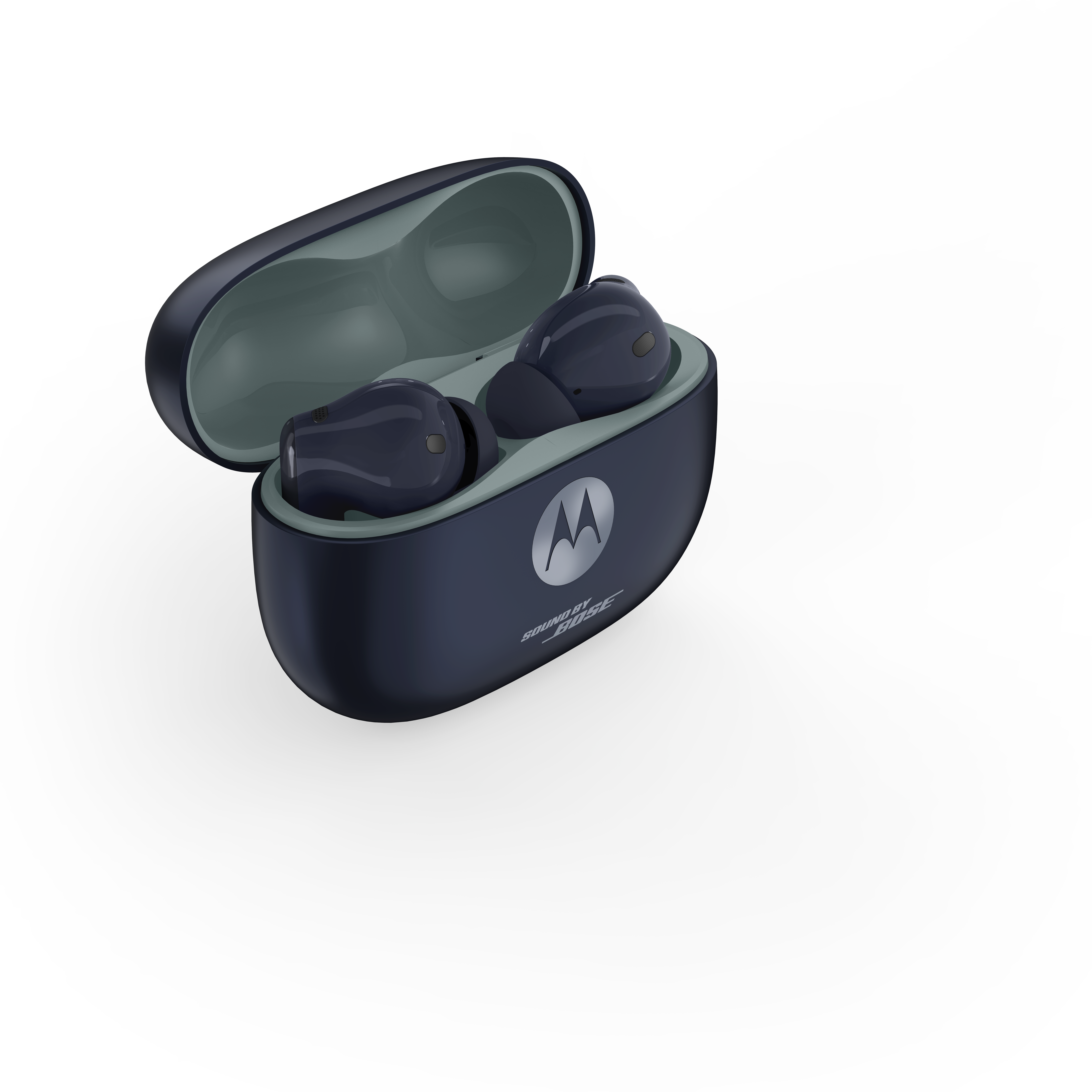 Ciemnoniebieskie słuchawki Motorola w etui ładującym na białym tle.