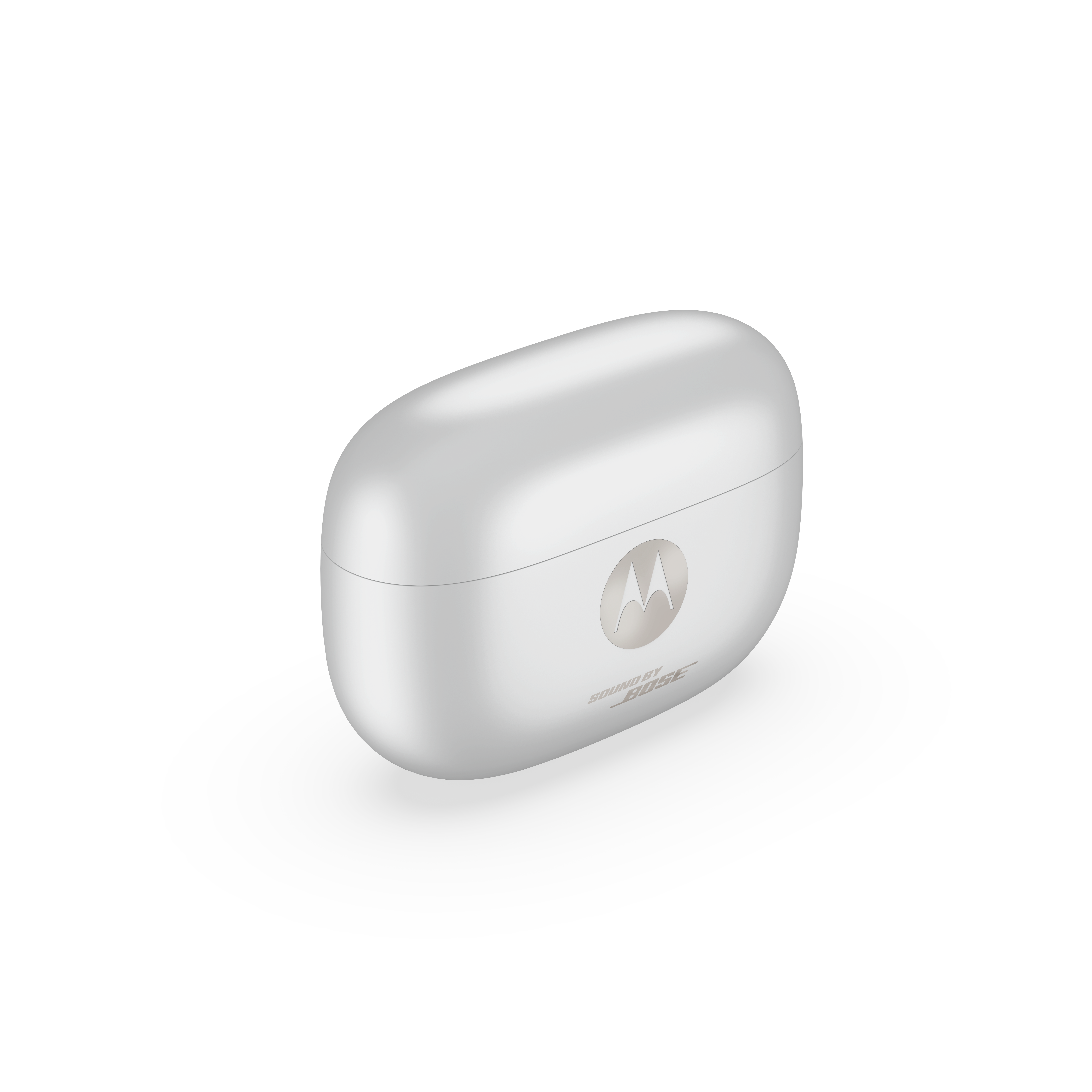 Białe etui ładujące do słuchawek z logo Motorola i Bose.