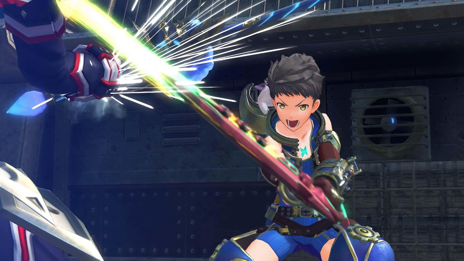 Ein Anime-Charakter mit einem Schwert, der kämpft. Helle Lichter und eine metallische Umgebung.