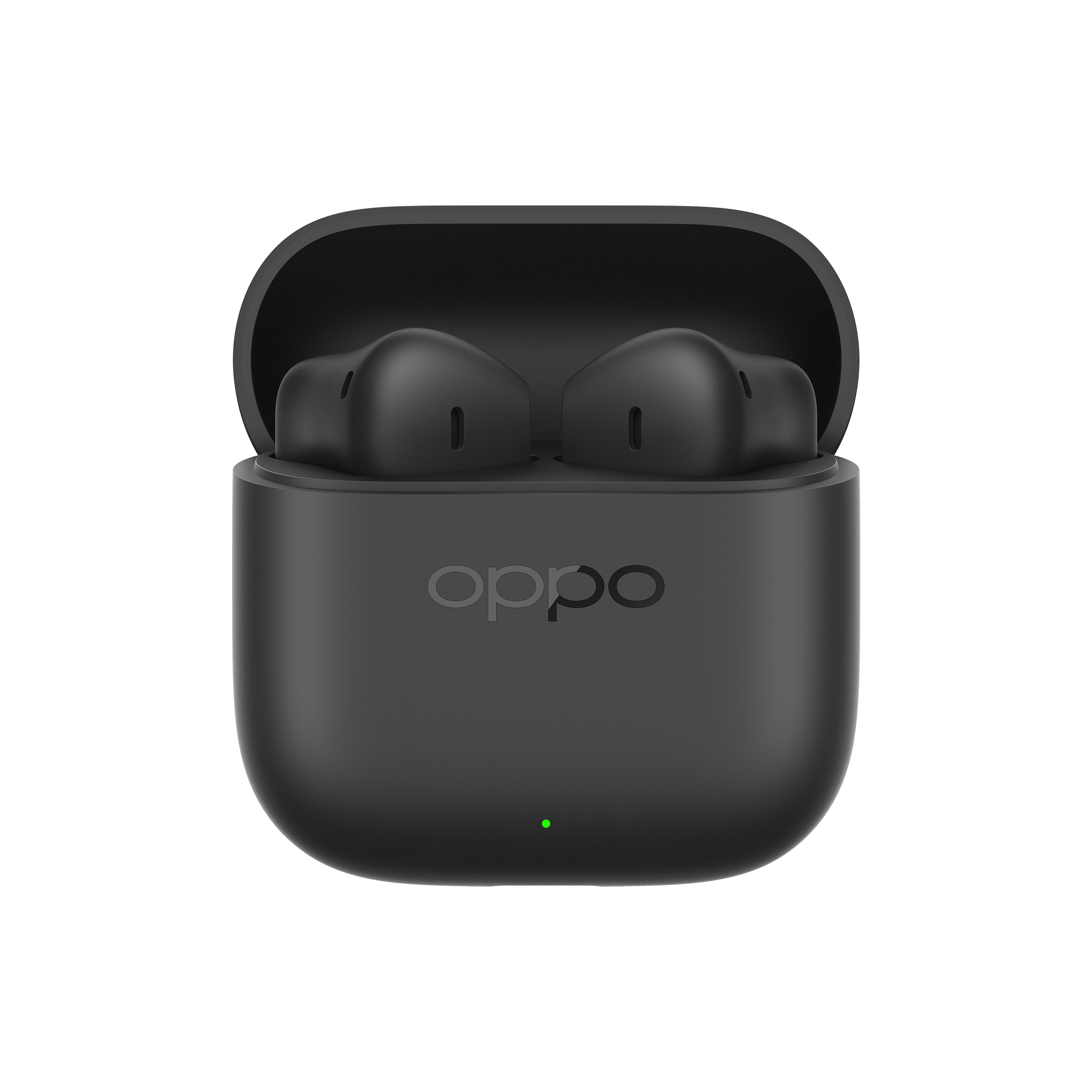 Czarne etui Oppo z dwoma słuchawkami bezprzewodowymi i zieloną diodą.