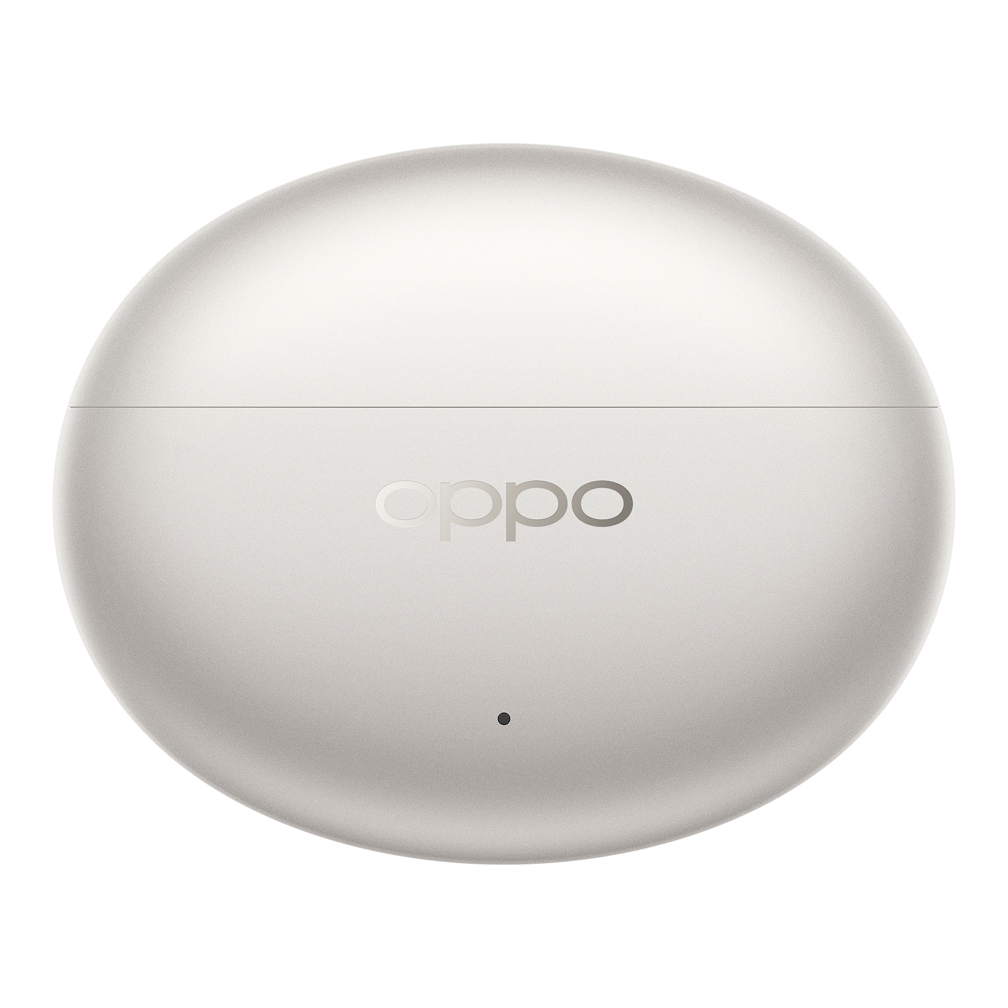 Srebrne, okrągłe etui ładujące do słuchawek z logo OPPO.
