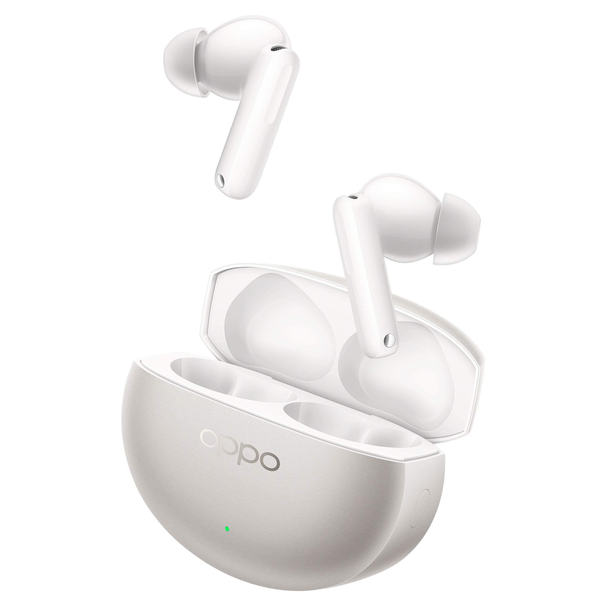 Białe słuchawki OPPO w otwartym, kremowym etui ładującym na białym tle.
