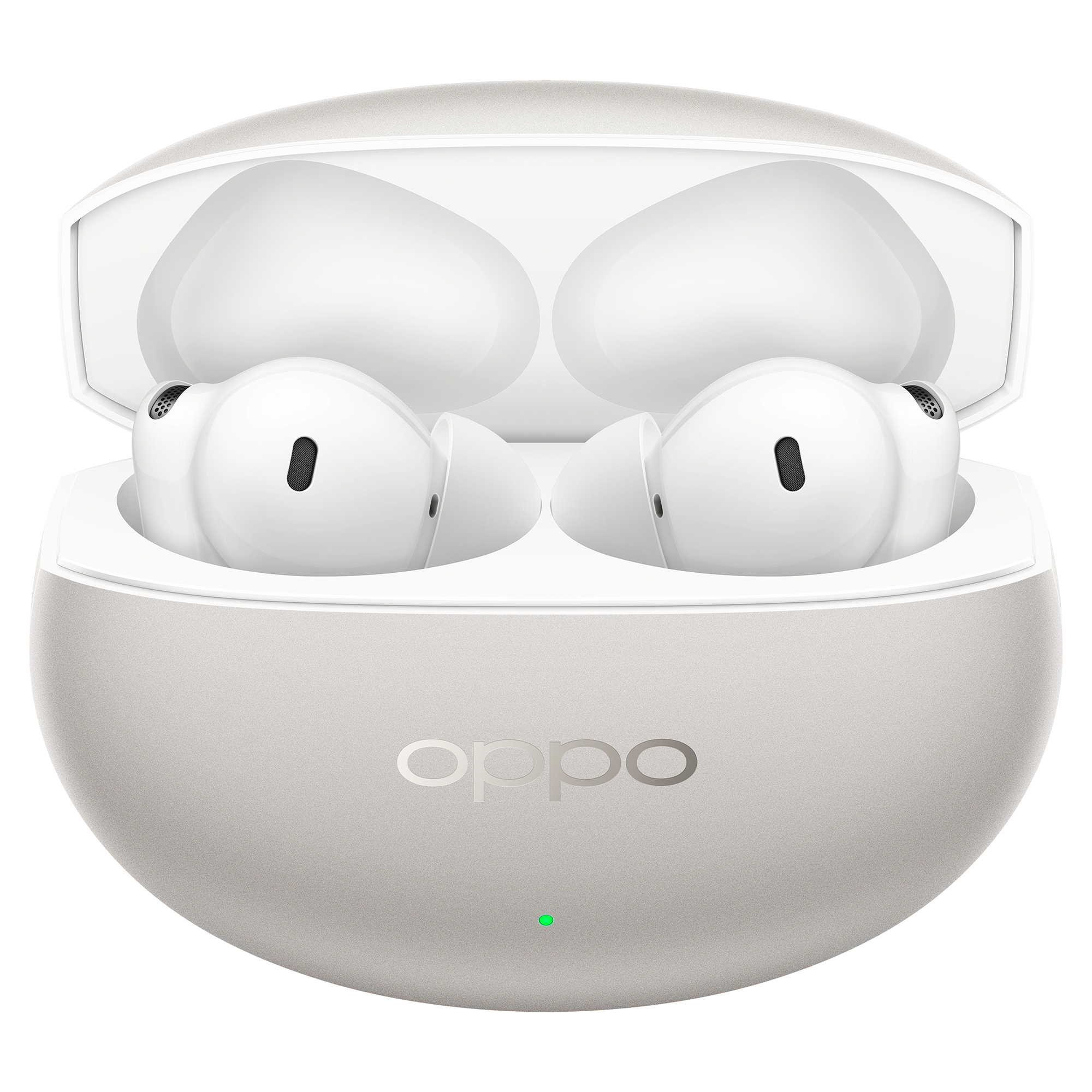 Białe słuchawki OPPO w otwartym, srebrnym etui ładującym z zielonym światłem.