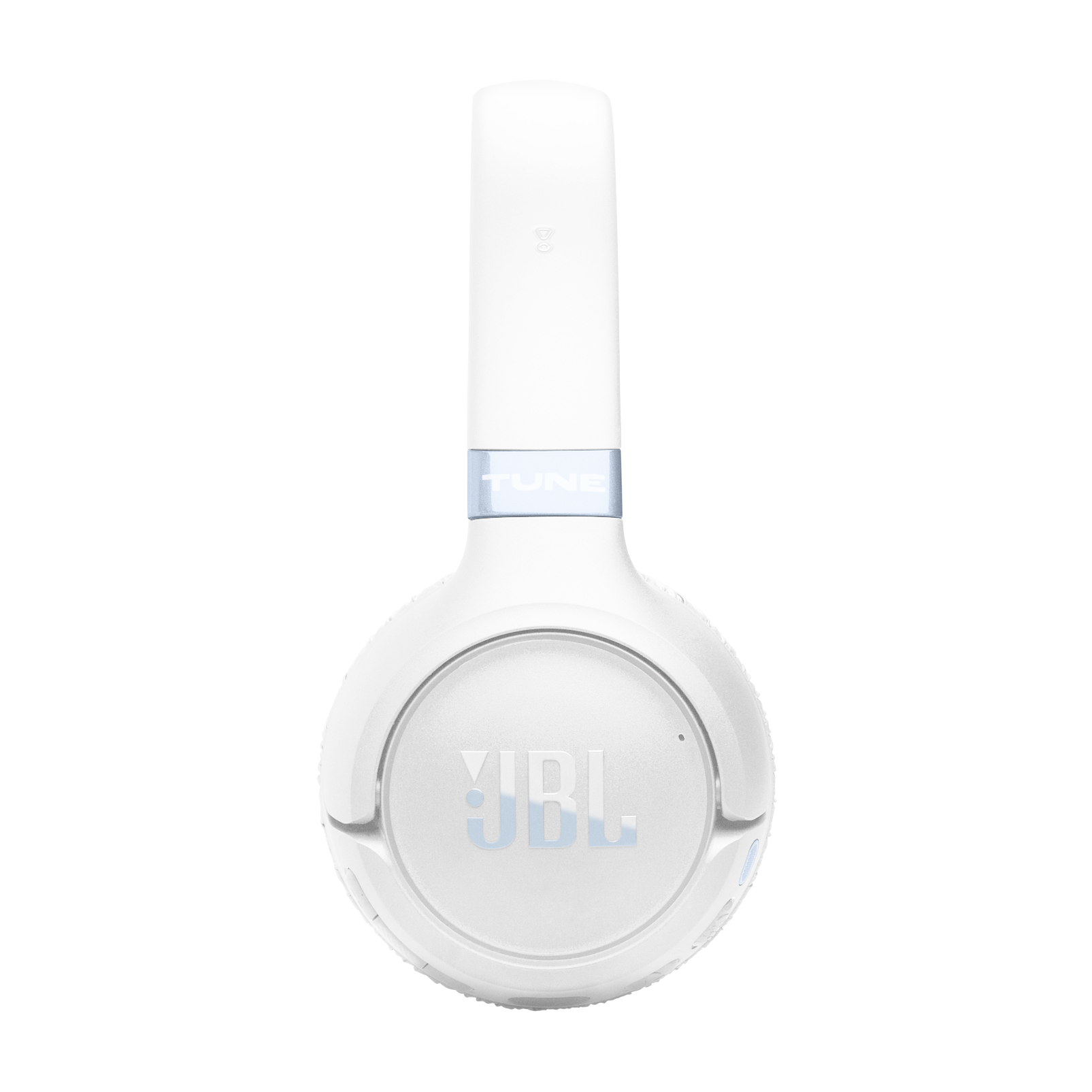 Białe słuchawki JBL z niebieskim paskiem 'TUNE' i logo JBL.
