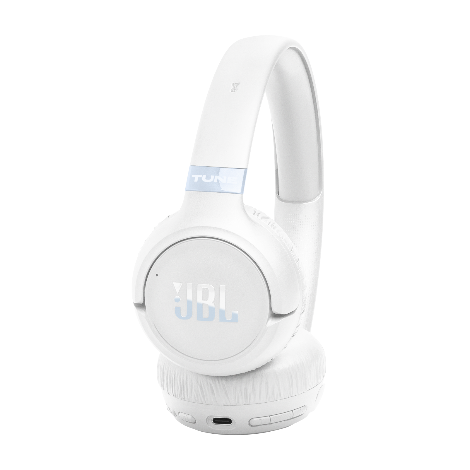 Białe słuchawki z niebieskim logo i napisem JBL.