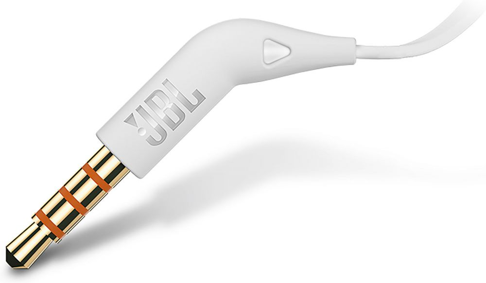 Biały wtyk audio 3,5 mm z logo JBL i pomarańczowymi pierścieniami.