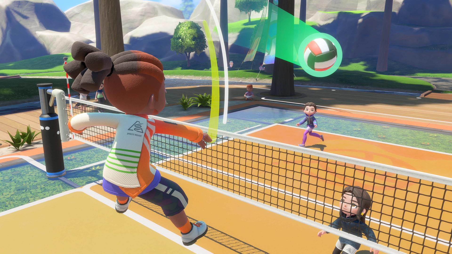Cartoon-Charaktere spielen Volleyball auf einem sonnigen Außengericht.