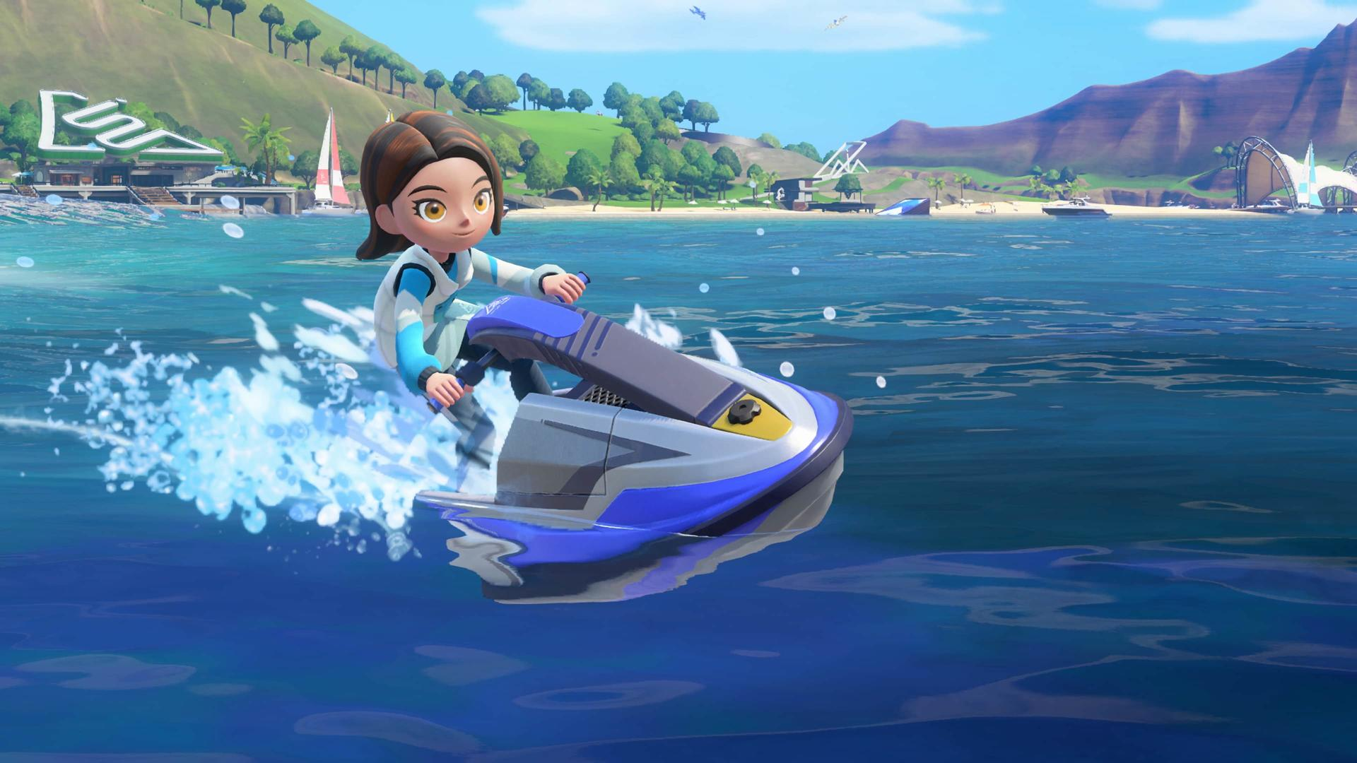 Ein Cartoon-Mädchen fährt Jet-Ski auf dem Meer, mit einer tropischen Insel im Hintergrund.