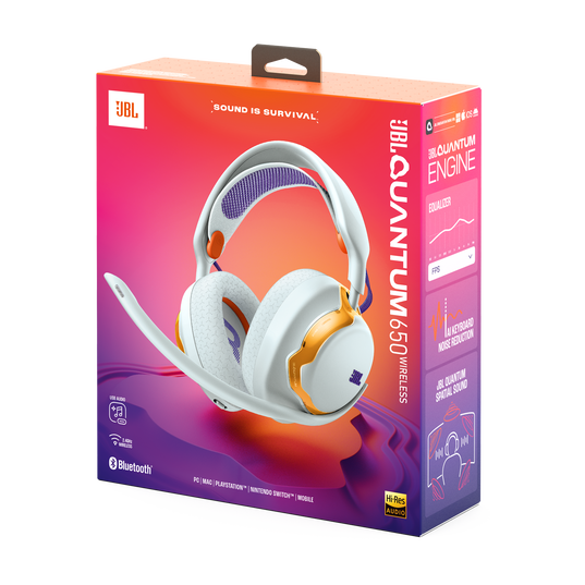 Pudełko słuchawek bezprzewodowych JBL Quantum 650 ze słuchawkami i logo.