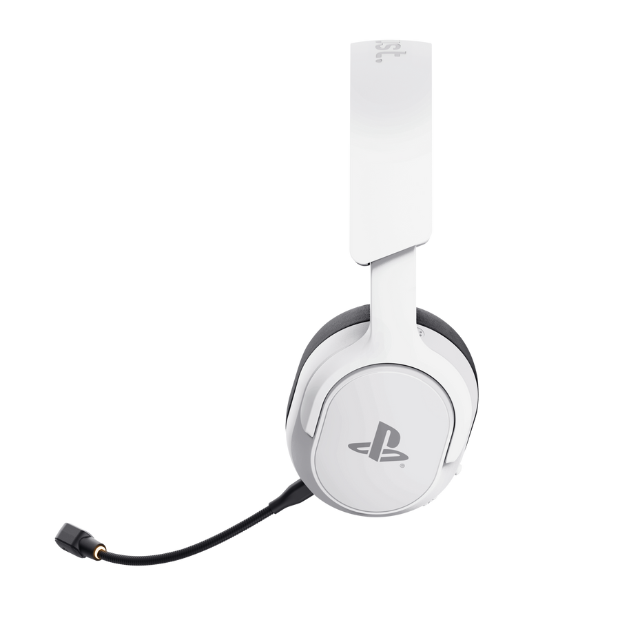 Biały zestaw słuchawkowy z logo PlayStation i mikrofonem, na czarnym tle.