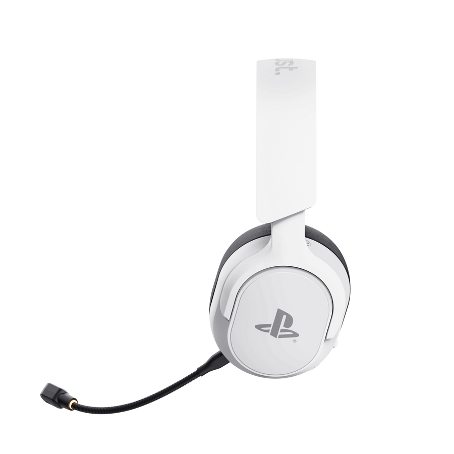 Białe słuchawki z logo PlayStation i mikrofonem na czarnym tle.
