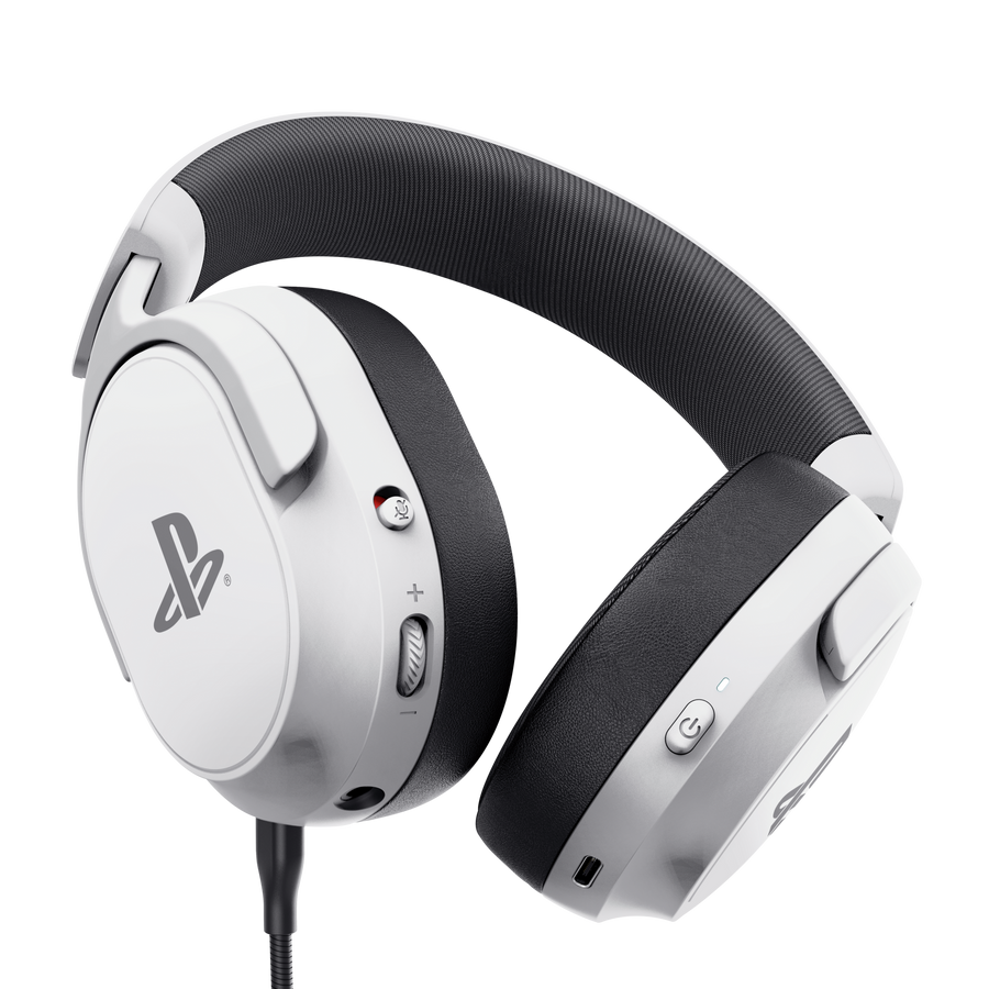 Biało-czarne słuchawki nauszne z logo PlayStation i przyciskami sterującymi.