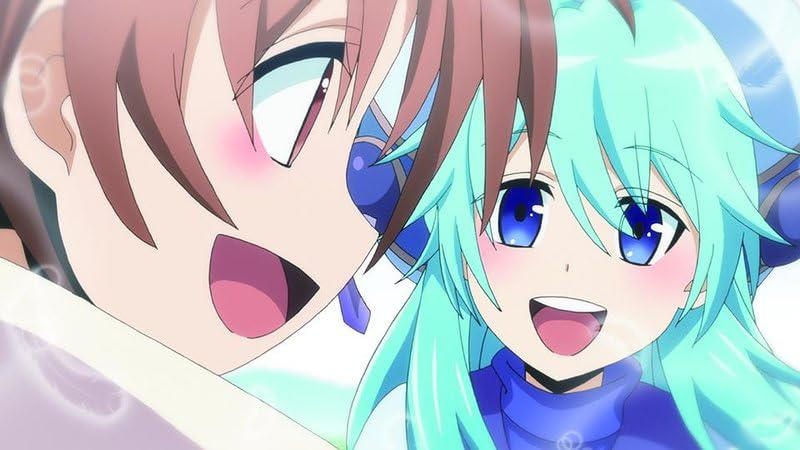 Zwei Anime-Mädchen mit braunen und türkisen Haaren lächeln.