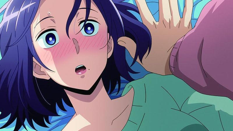 Anime-Mädchen mit blauen Augen und violetten Haaren, errötet, schaut überrascht.