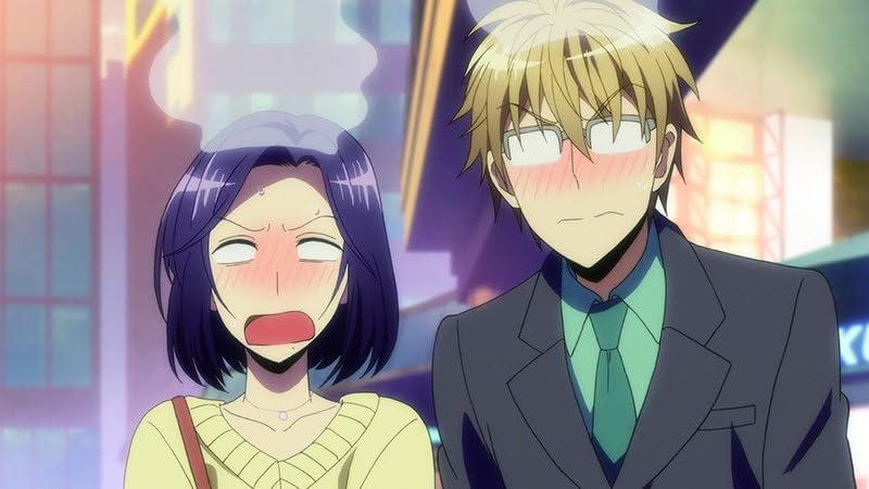 Ein anime-stilisiertes Bild von zwei Personen, die erröten und überrascht aussehen.