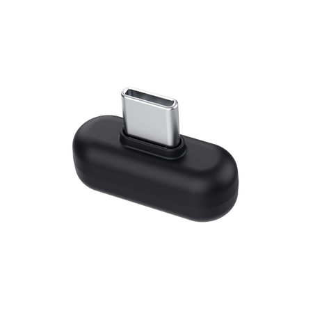 Czarny adapter USB-C ze srebrną wtyczką, na czarnym tle.