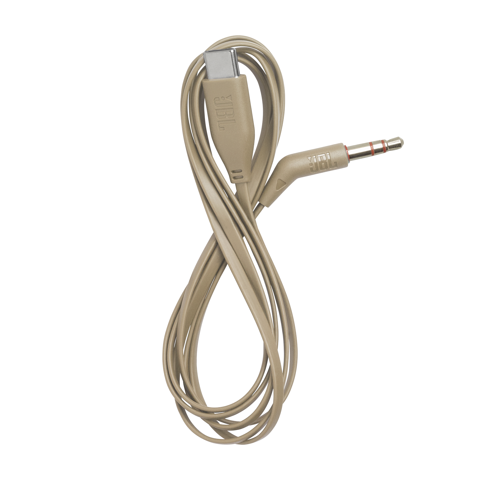 Beżowy kabel ze złączami USB-C i jack 3,5 mm, zwinięty.