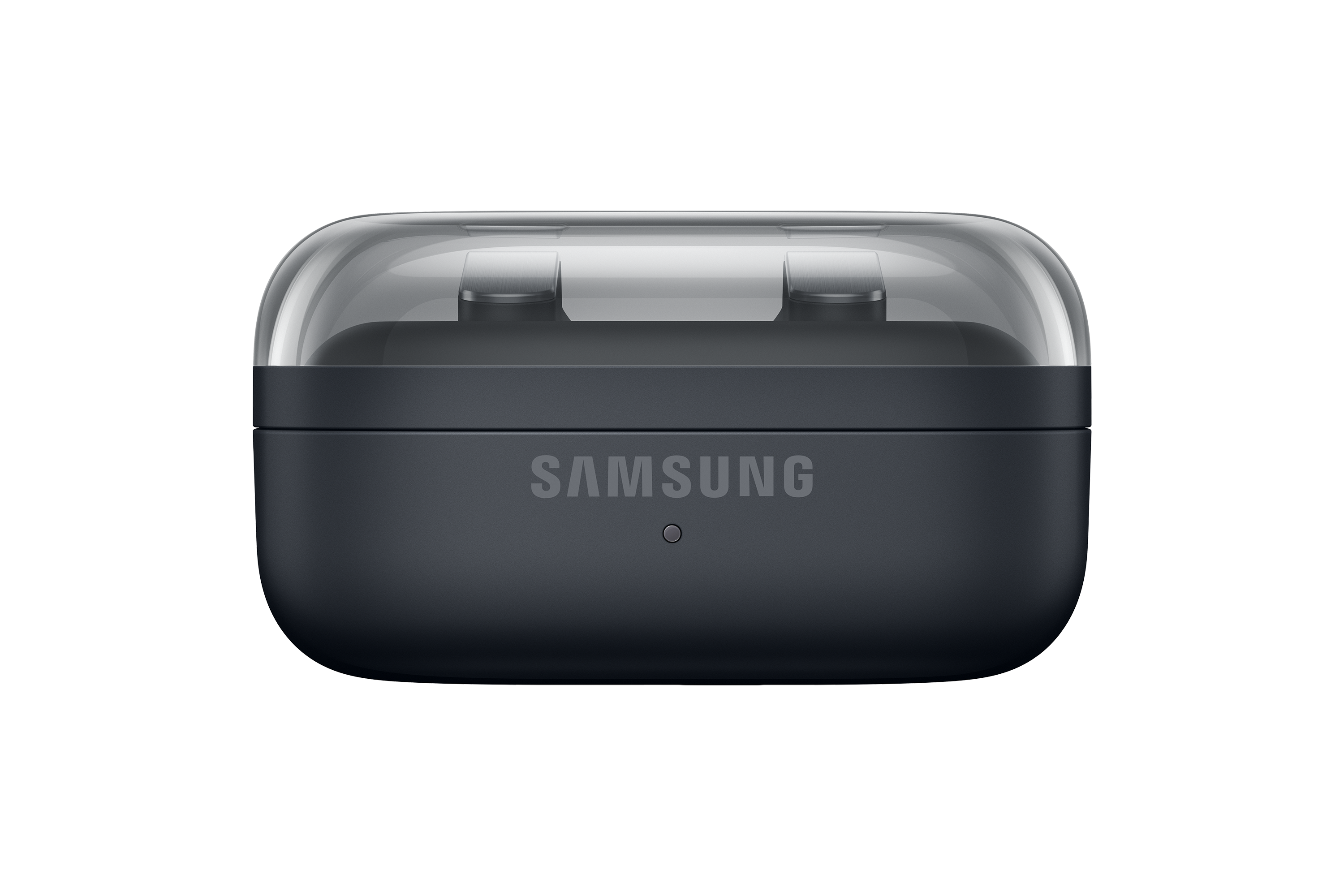 Dunkelgraues Samsung Ladecase mit durchsichtiger Abdeckung und AirPods.