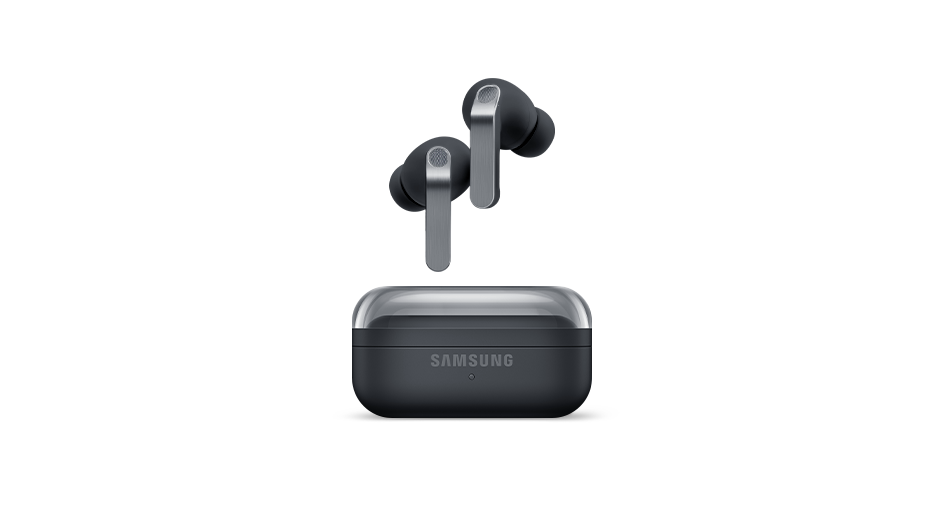 Schwarze Samsung-Ohrhörer mit silbernen Akzenten über einer schwarzen Ladebox.