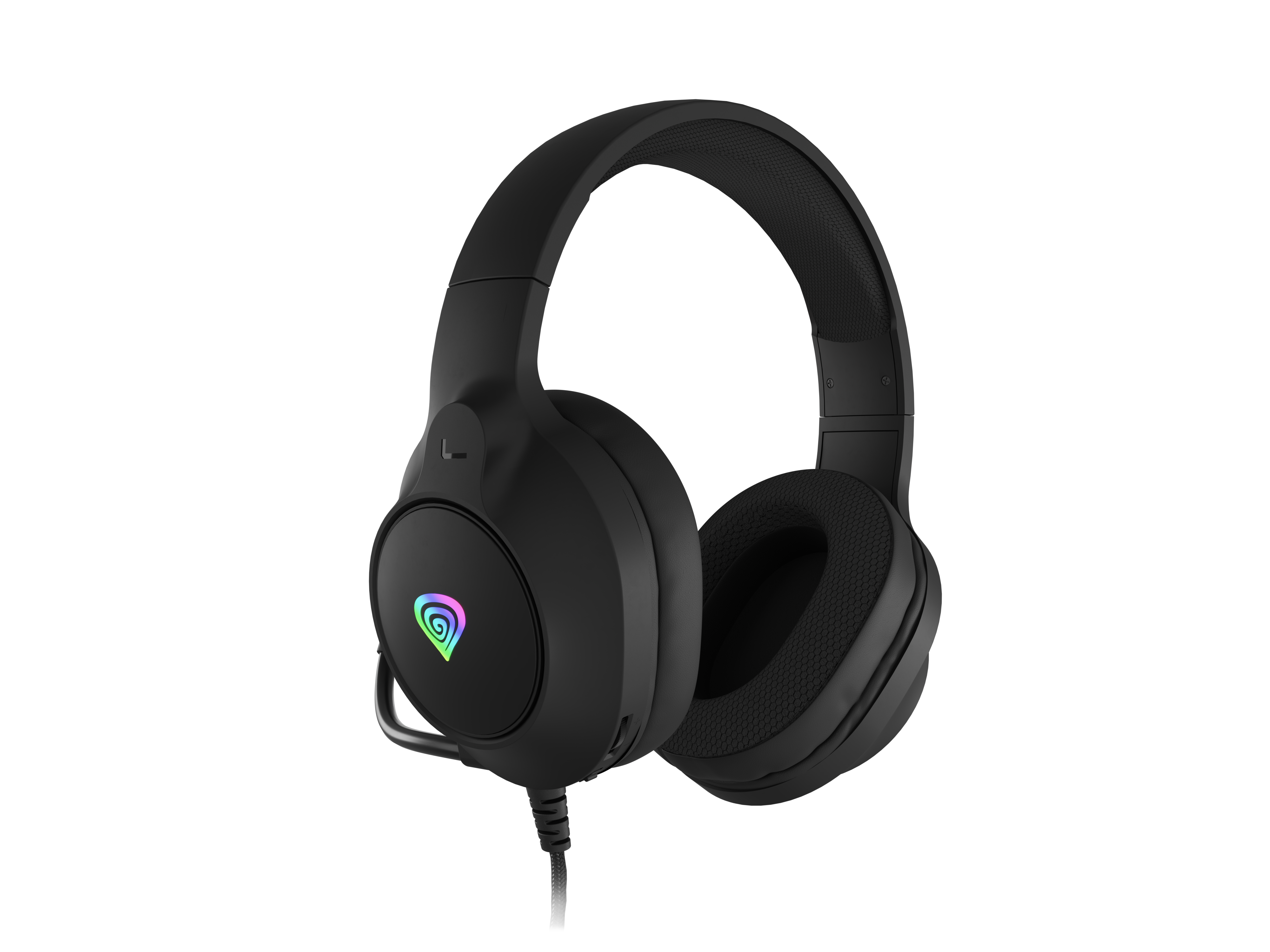 Czarny headset gamingowy z podświetlanym logo i wyściełanymi nausznikami.