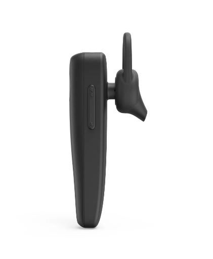 Czarny zestaw słuchawkowy Bluetooth z zaczepem na ucho na białym tle.